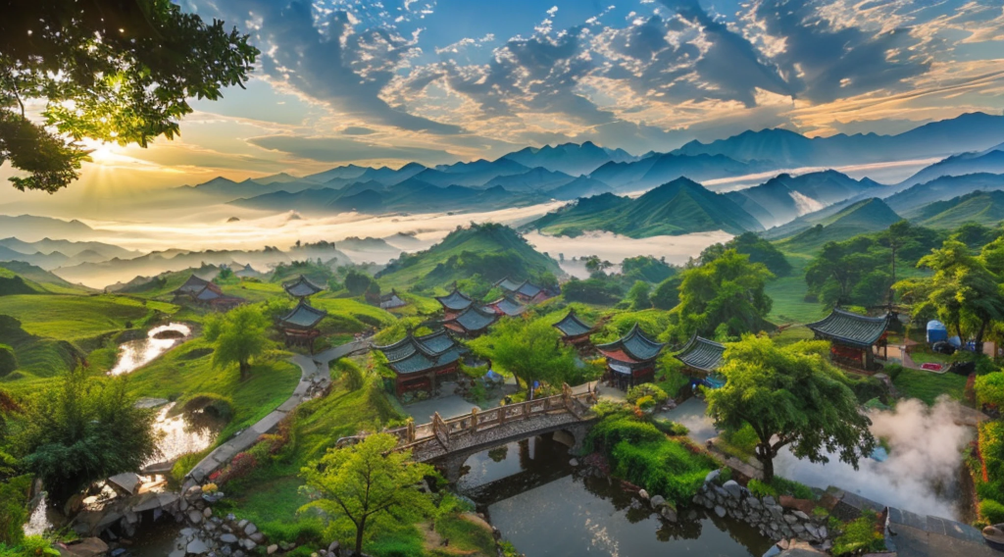 A small mountain village in China，after rainny，Stone bridge，flowingwater，Smoke，Cloud fog，green color，View in the distance，8K，Realiy，Healing landscape，Ultra-clear，A high resolution，willowy，