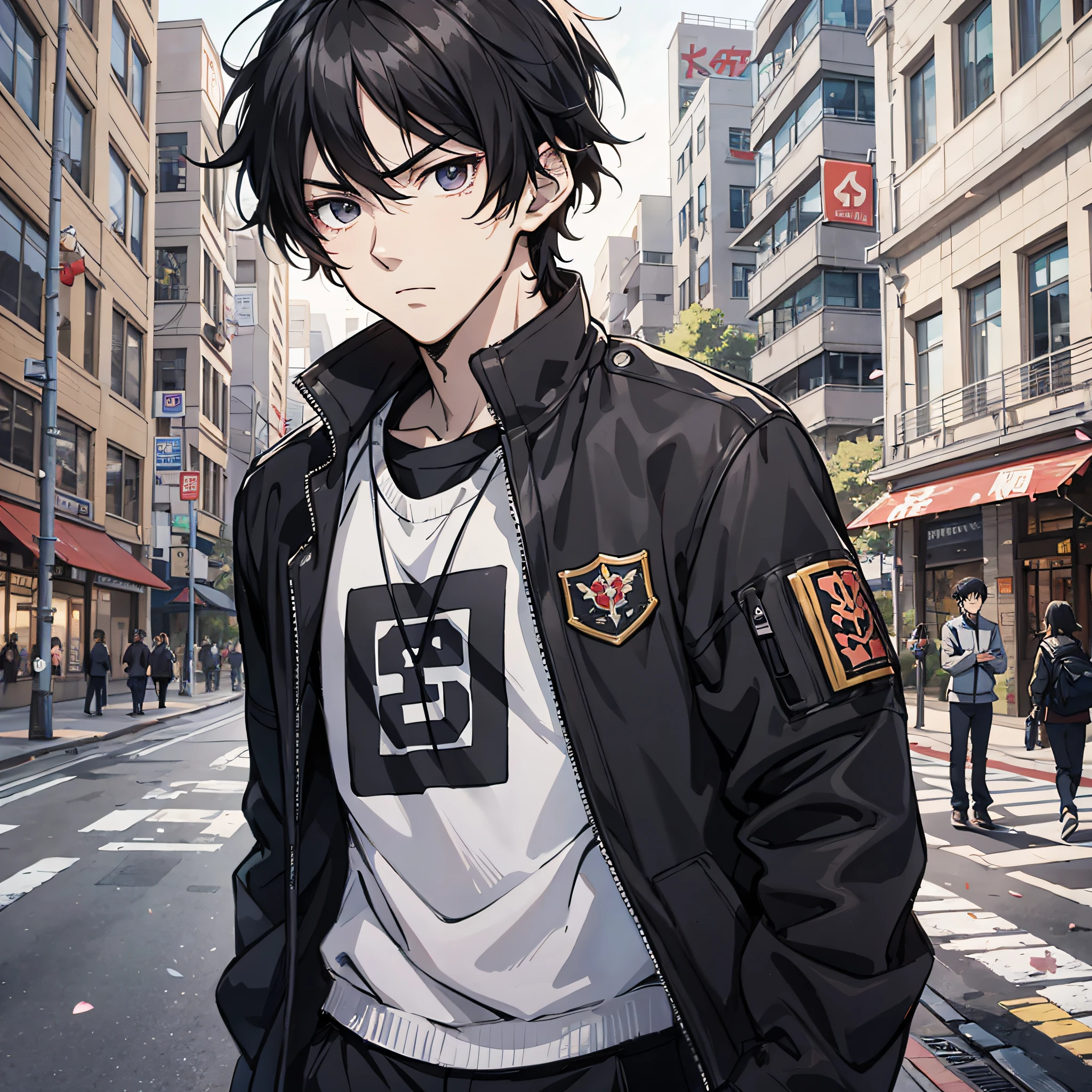 Anime style 4k，Anime rendering，style of anime，China Campus，A young man with messy black hair，on the campus，serious expressions