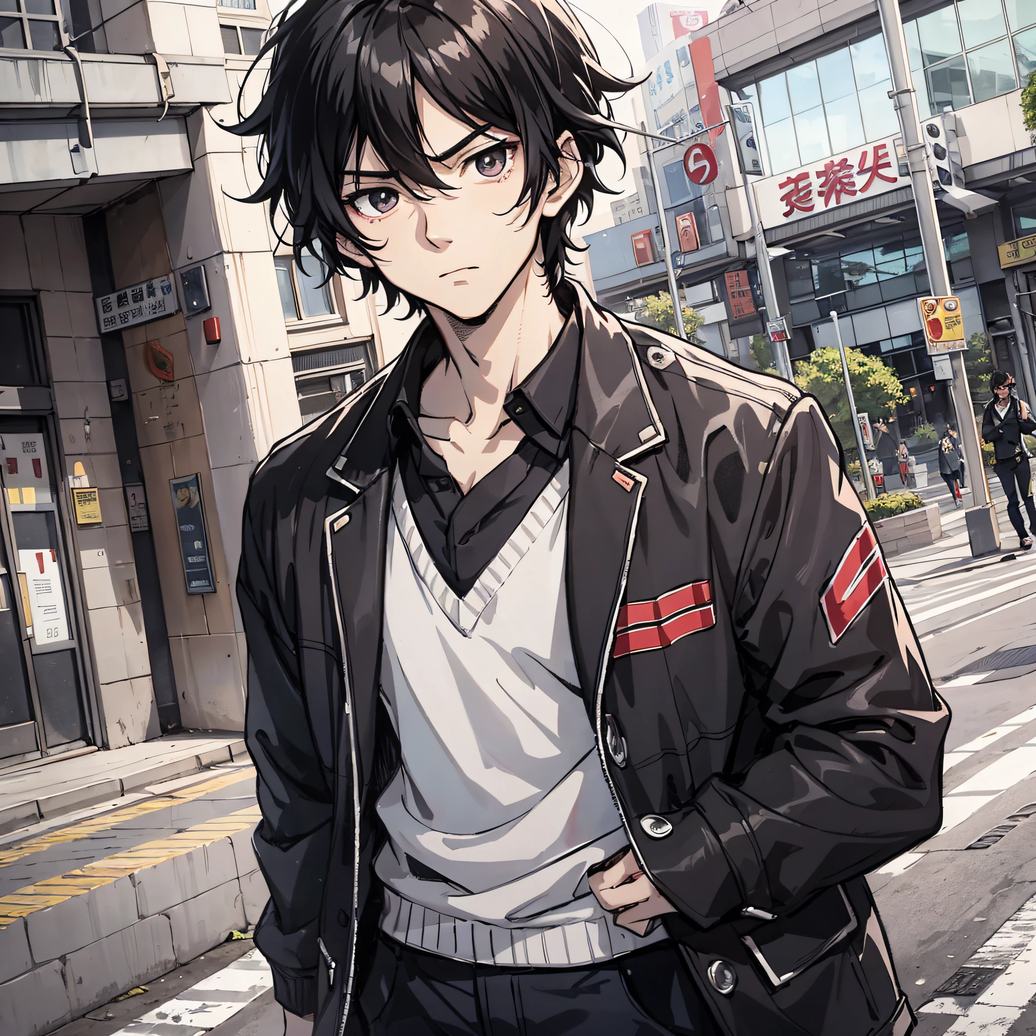 Anime style 4k,Anime rendering,style of anime,China Campus,A young man with messy black hair,on the campus,serious expressions