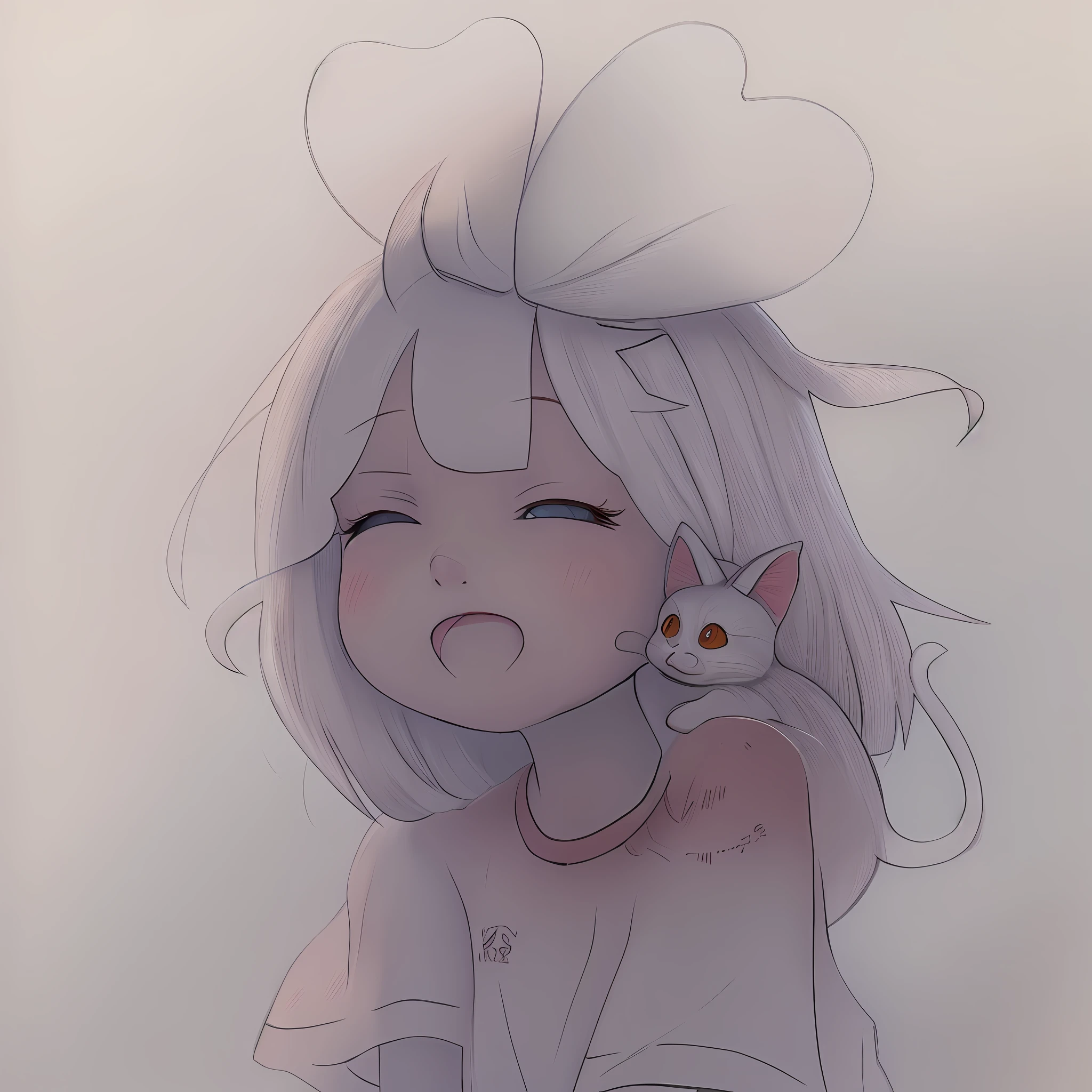 tmasterpiece,high qulity,high detal,Draw a girl,There is a cat on the shoulder, Simple lines of art, There is a red bow on the head,anime sketch, Line art, linear art, Line sketch, anime cat, perfect lineart, clean lineart, clean anime outlines, in an anime style, anime style drawing,Clouds,spaceship