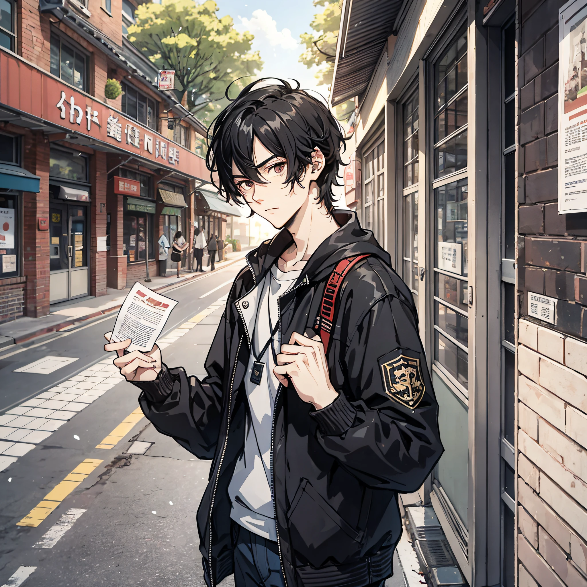 China Campus,A young man with messy black hair,on the campus,are standing,Holding a piece of paper in his hand,Tear up
