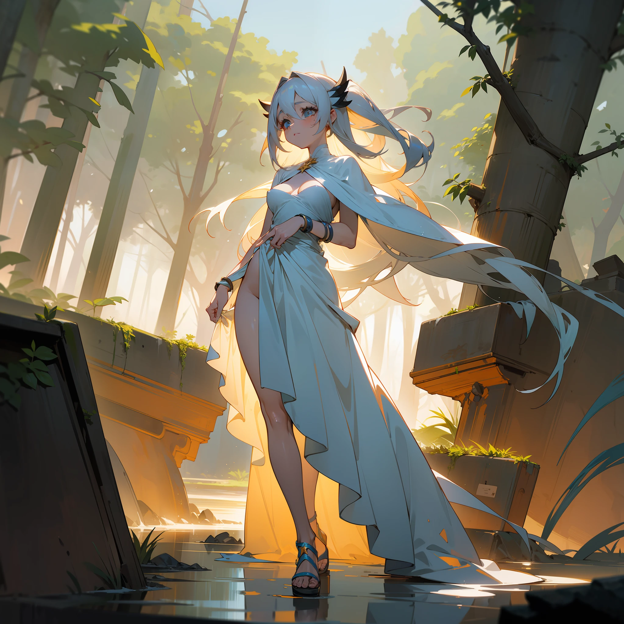 kindred, 1girl, menina bonita, estilo anime, NSFW, sem calcinha, no-bra, Full breasts are showing up, Exposed crotch showing through, corpo molhado, roupa molhada, ancient ruins eroded by vegetation, beira-mar, Water surface light, magic light, starly sky, meia noite, luz do luar, pulseira, tornozeleira, sandal, vestido de estilo antigo de tecido branco ultrafino, com toda a parte do peito aberta.