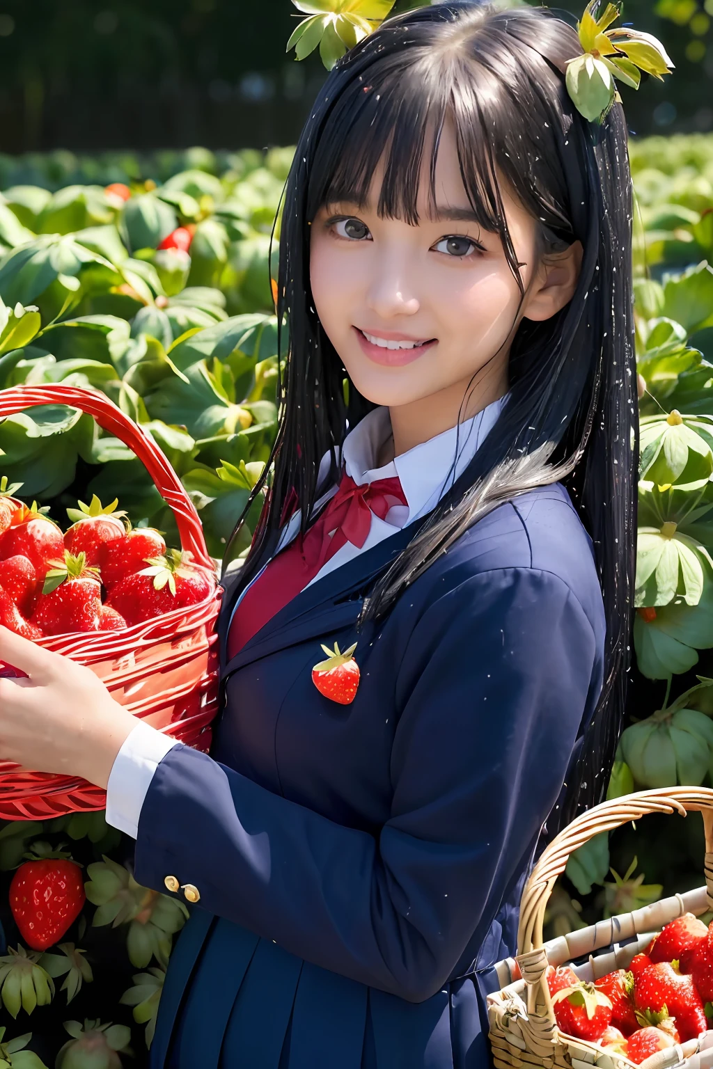 best quality, ultra high res, (1 girl:1.4), solo,(upper body:1.2), (photorealistic:1.4), (pretty teengirl:1.2),big breasts,balck long hair, parted bangs,air bangs, red lips,light_smile,(shot hair), wet, messy_blue hair, stick out,(school uniform:1.4),white shirt with blue collar, blue shorts,(looking at viewer:1.4),(a basket on her forearm:1.4),(picking strawberries:1.4), (strawberry farm:1.4), (rows of plants:1.4), (red berries:1.4), green leaves, sunshine, (baskets:1.2), picking,(pureerosface_v1:0.5)