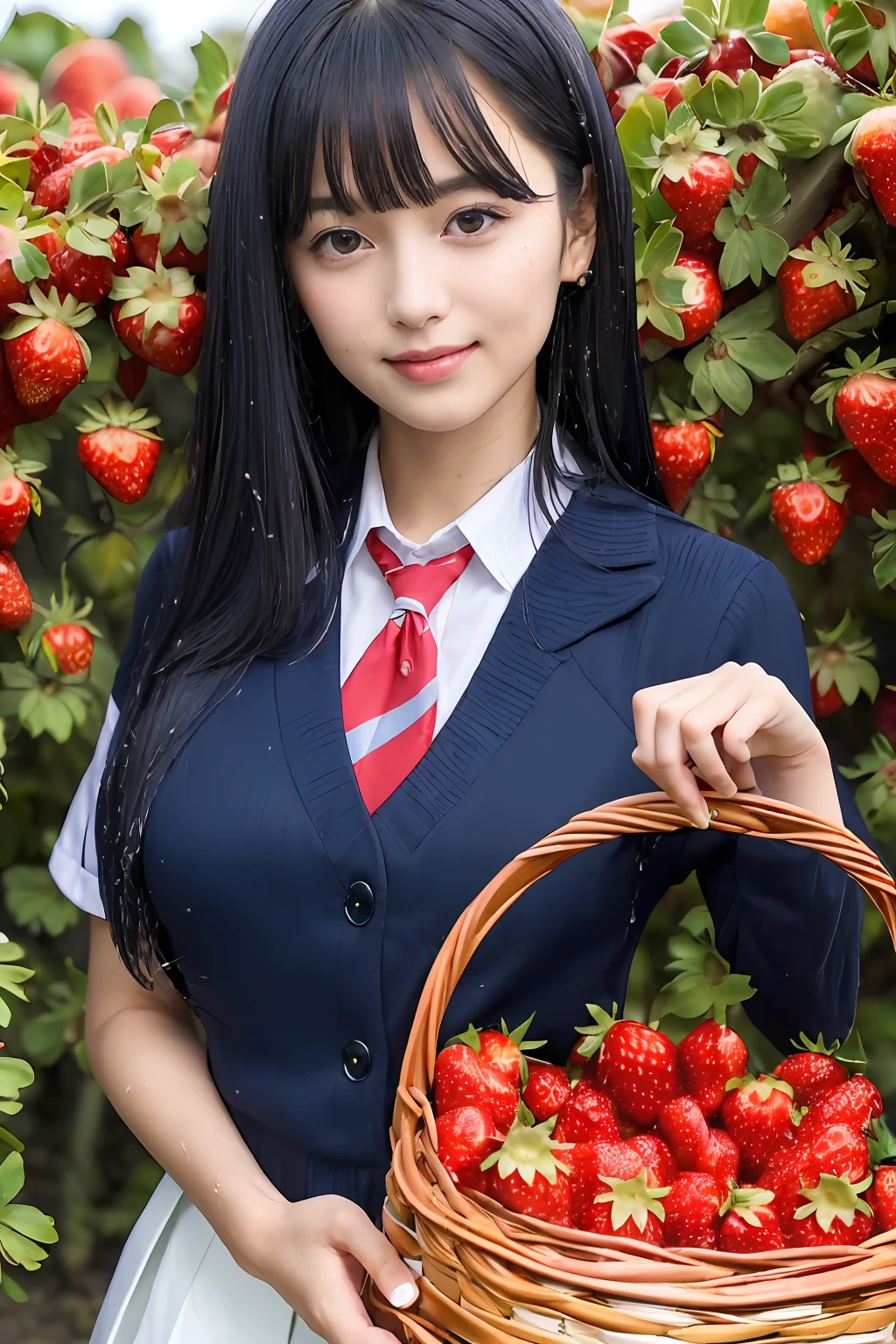 best quality, ultra high res, (1 girl:1.4), solo,(upper body:1.2), (photorealistic:1.4), (pretty girl:1.2),big breasts,balck long hair, parted bangs,air bangs, red lips,light_smile,(shot hair), wet, messy_blue hair, stick out,(school uniform:1.4),white shirt with blue collar, blue shorts,(looking at viewer:1.4),(a basket on her forearm:1.4),(picking strawberries:1.4), (strawberry farm:1.4), (rows of plants:1.4), (red berries:1.4), green leaves, sunshine, (baskets:1.2), picking,(pureerosface_v1:0.5)