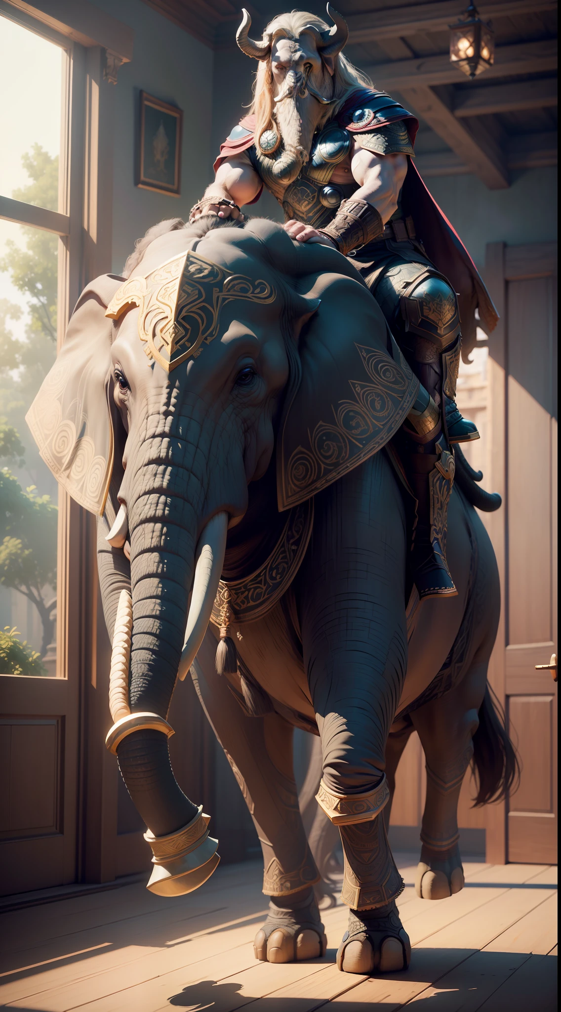 (masterpiece), (extremely intricate:1.3), (realistic), thor riding elephant, octane render, unreal engine, highly detailed, intricate, volumetrics dtx