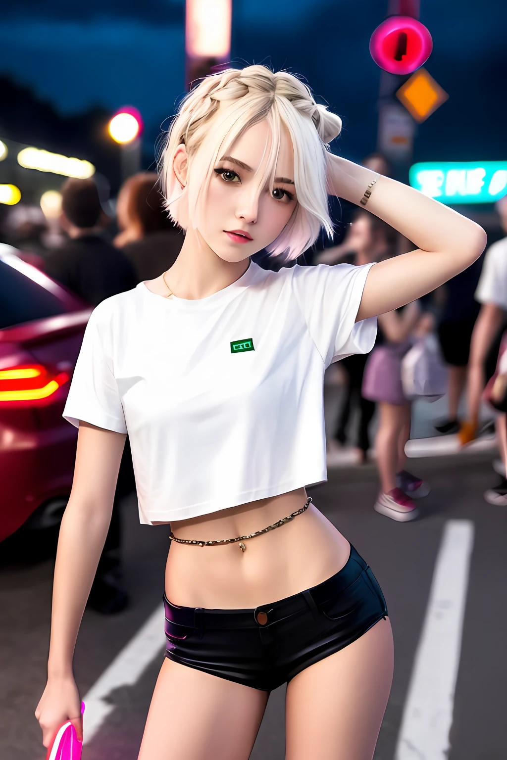 masterpiece, best quality, nsfw, 1girl, platinum blonde hair, short hair, green eyes, braids, small perky breasts, on the street, night, neon light, white t-shirt, braless, black pants, poker face, front view, standing, in crowd,