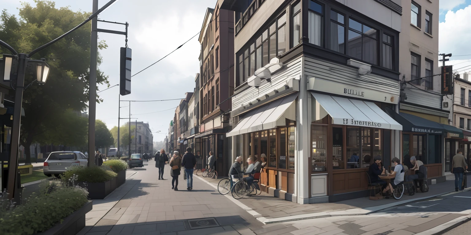 Rendering of a busy street,People sit at tables and eat, artistic impression, author:Emma Andievska, true realistic image, detailed renderings, artist impression, author:Gavin Nolan, Hyper-realistic, hyper - realistic, Renders, author:Sam Black, A digital rendering, photorealistic image, subtle detailing, author:Benjamin Bullock, Location shooting, hyper realisitc