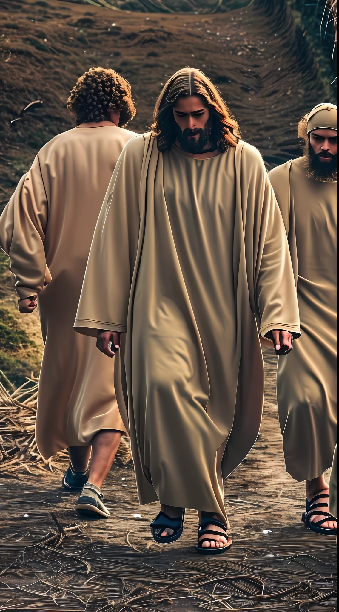 Jesus Christ with his disciples walking 4k, aplicar contraste