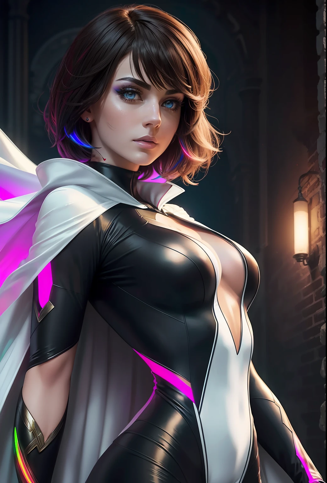 Hyperrealistic masterpiece brunette short hair ((with glowing colorful fringe)) Superheroine in detailed tight plugsuit ((with white cape)) in Bloodbourne style, cinematic illumination : Black Ink Flow: Ultra HD
