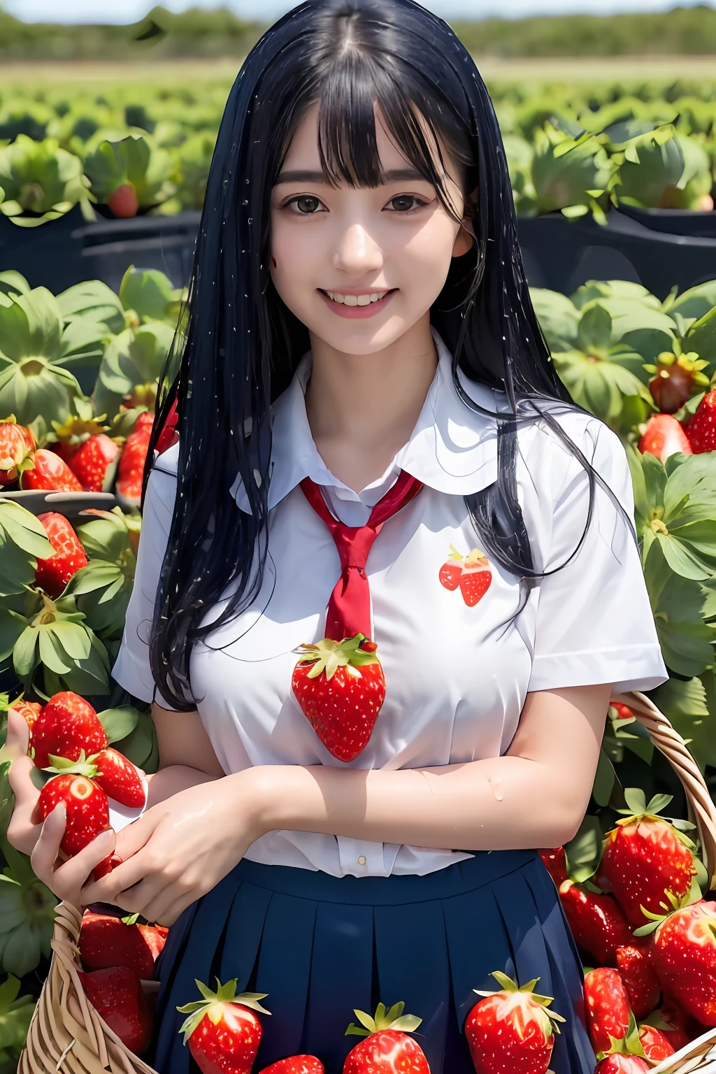 best quality, ultra high res, (1 girl:1.4), solo,(upper body:1.2), (photorealistic:1.4), (pretty teengirl:1.2),big breasts,balck long hair, parted bangs,air bangs, red lips,light_smile,(shot hair), wet, messy_blue hair, stick out,(school uniform:1.4),white shirt with blue collar, blue shorts,(looking at viewer:1.4),(a basket on her forearm:1.4),(picking strawberries:1.4), (strawberry farm:1.4), (rows of plants:1.4), (red berries:1.4), green leaves, sunshine, (baskets:1.2), picking,(pureerosface_v1:0.5)