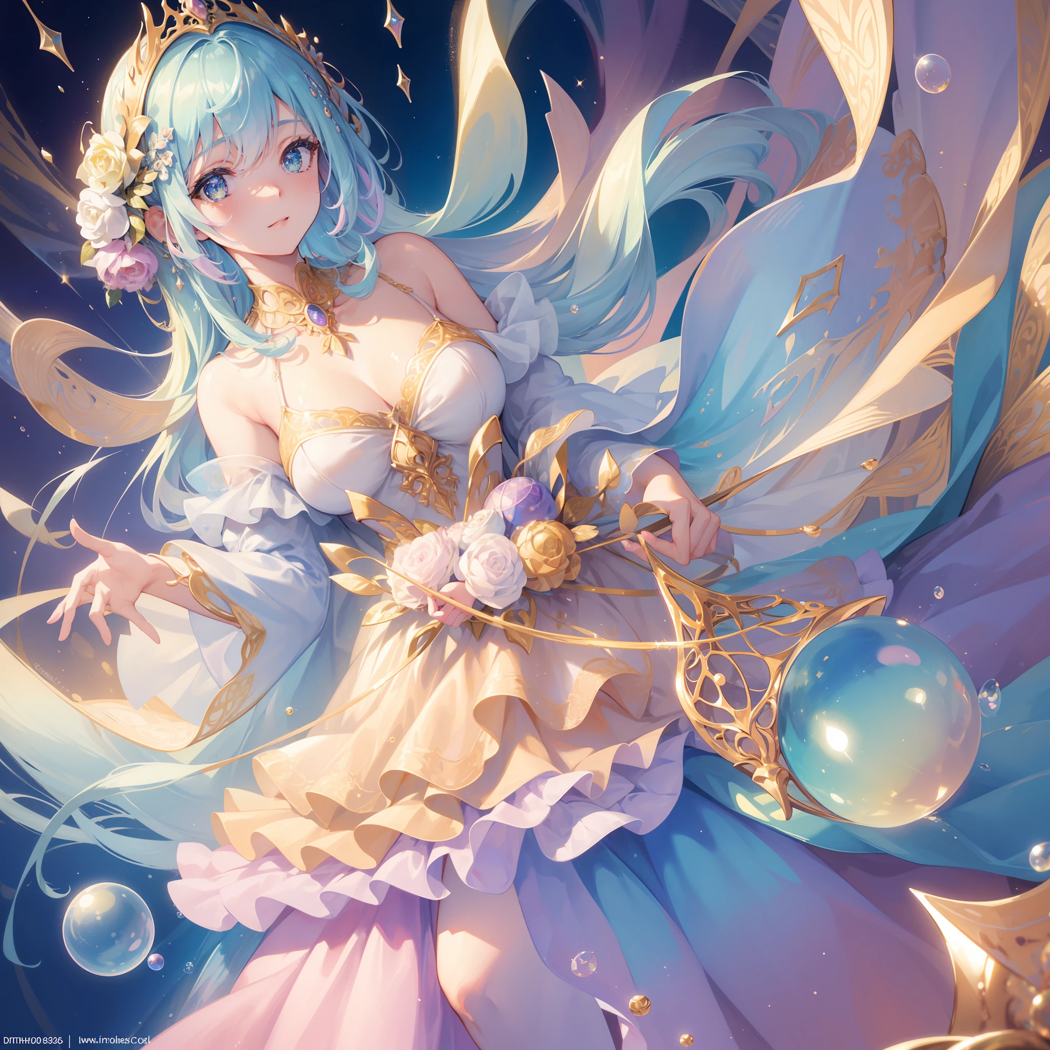 masterpiece, best quality, 8k resolution, sharp focus, intricate detail, beautiful girl, sparkling eyes, golden ratio face, otherworldly liquid, watercolor, ((pastel colors)), bright colors, whimsical, colorful, sharp focus, high resolution, fine detail, ((layered ballgown)), iridescent bubbles