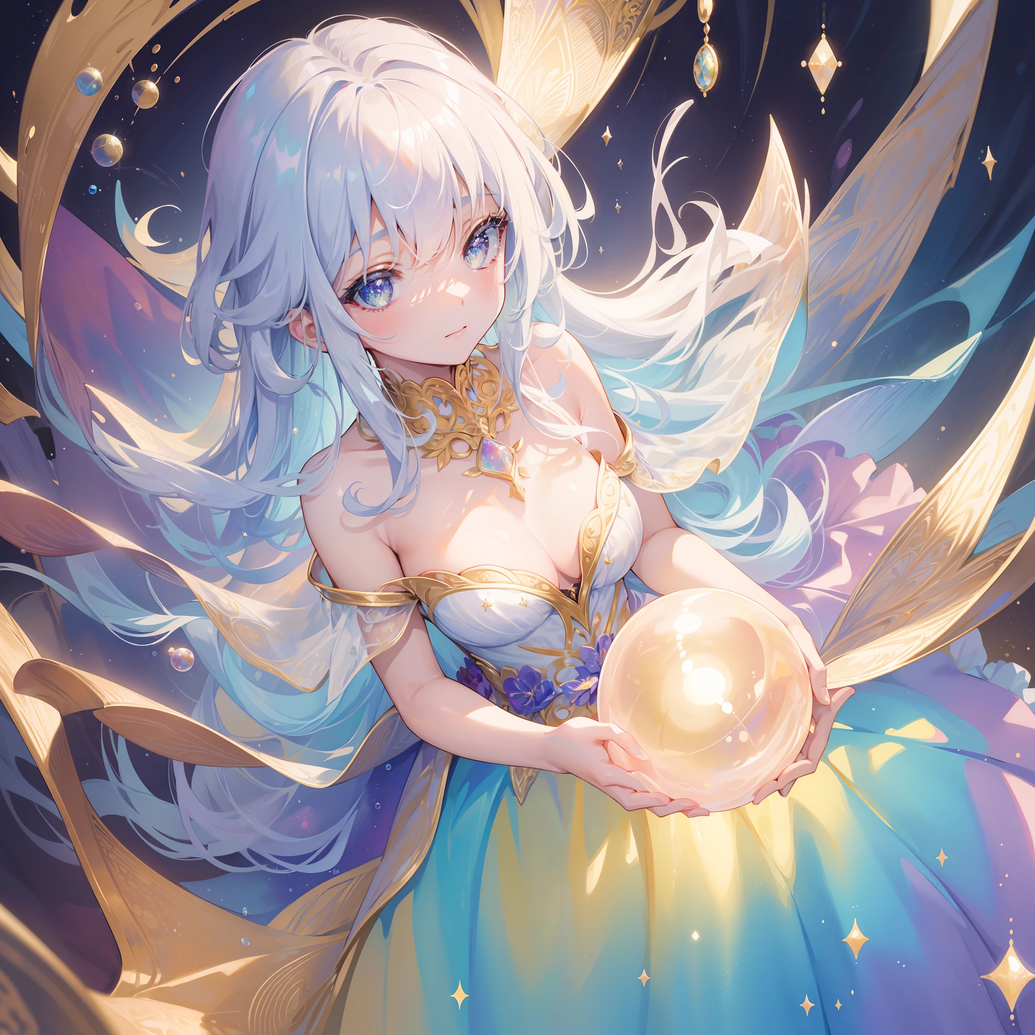masterpiece, best quality, 8k resolution, sharp focus, intricate detail, beautiful girl, sparkling eyes, golden ratio face, otherworldly liquid, watercolor, ((pastel colors)), bright colors, whimsical, colorful, sharp focus, high resolution, fine detail, ((layered ballgown)), iridescent bubbles