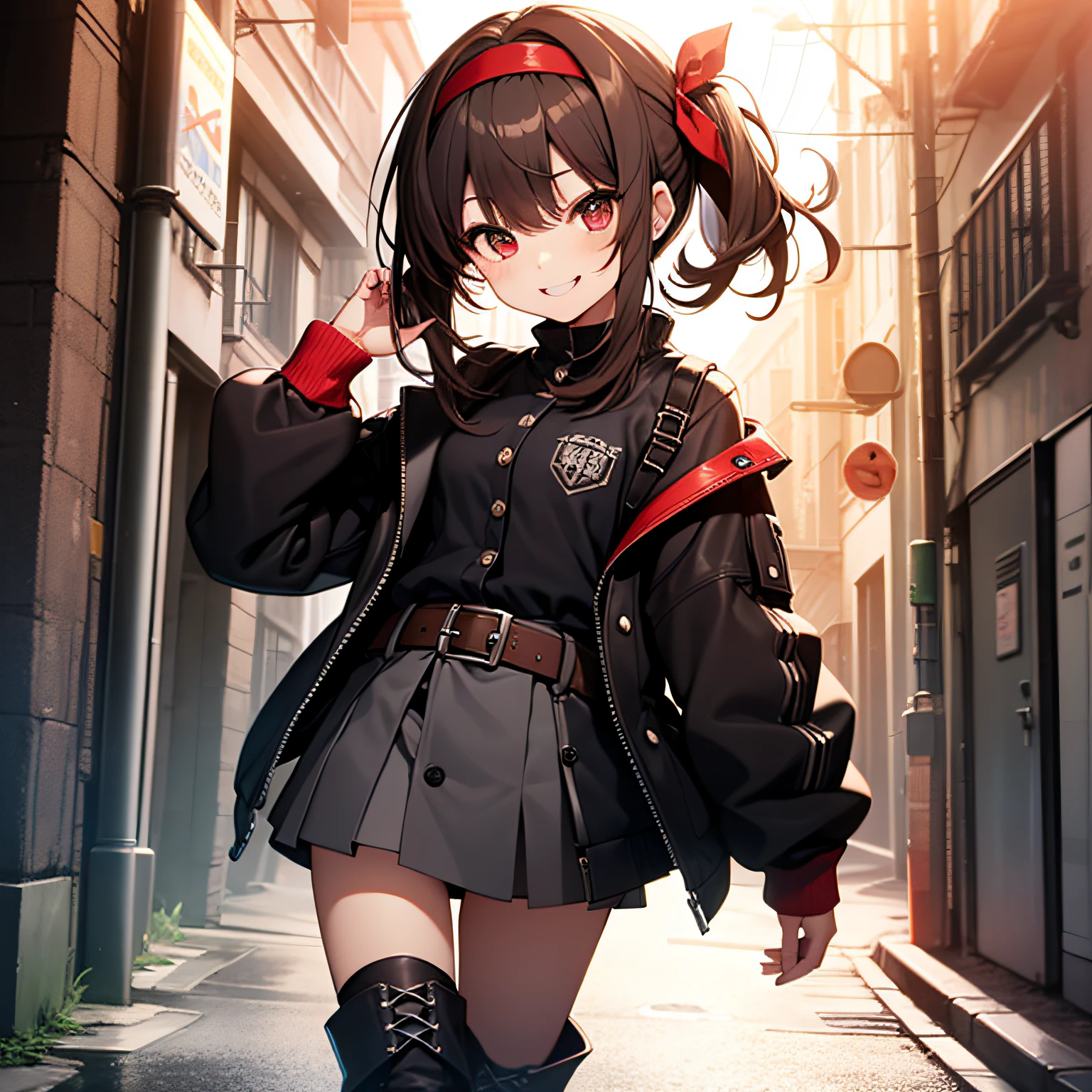 top-quality、extremely delicate and beautiful、(((Only 1 person)))、11 year old、(Dark hair)、Gray clothes with vertical buttons、Belt at waist、grey miniskirt、((poneyTail))、(red hairband)、(Brown boots)、Red-eyed、A smile、