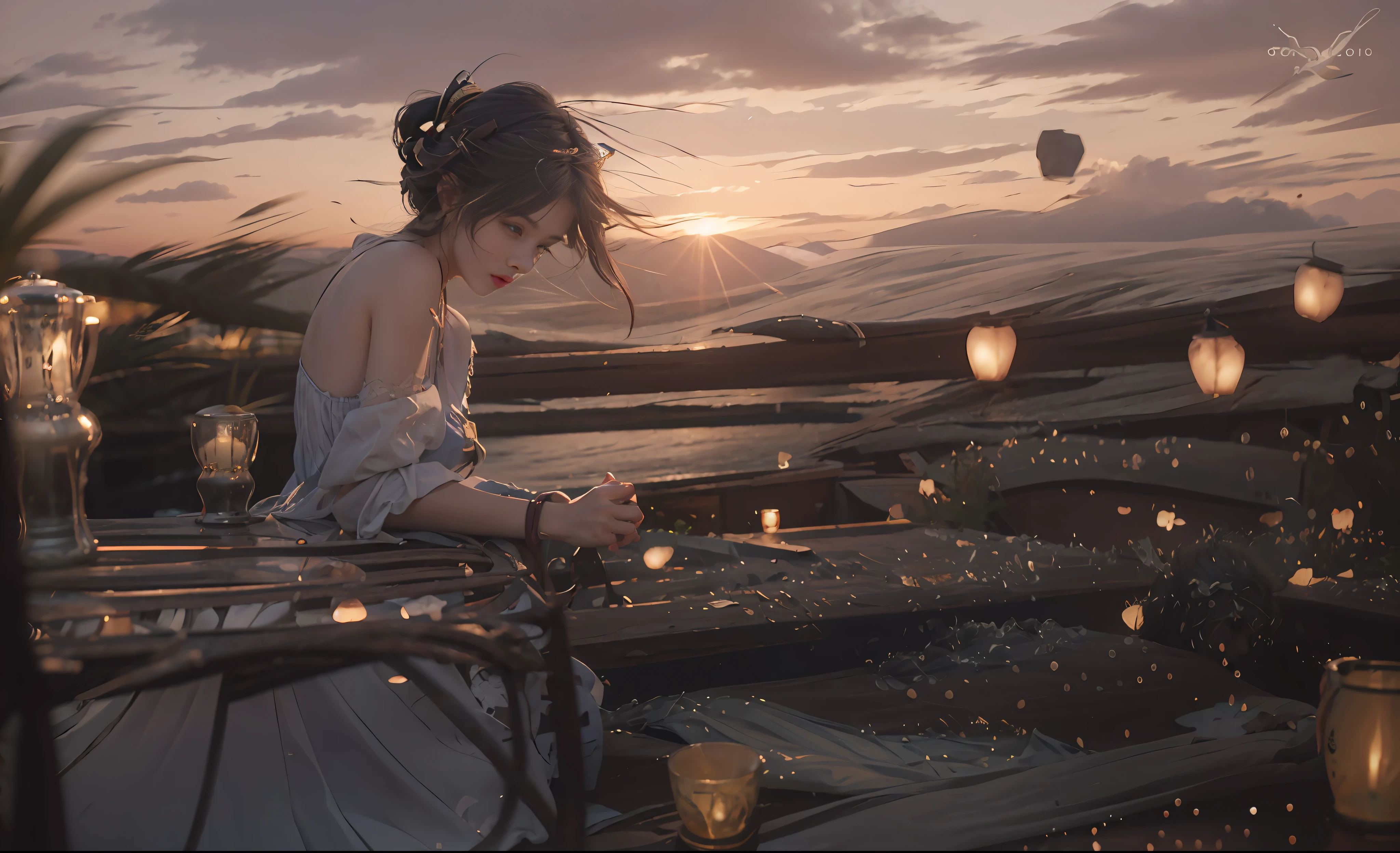 (RAW photo, best picture quality), (realism, realism: 1.3), best picture quality, high detail, masterpiece, hyper detail, illustration, girl, upper body, messy long hair, best picture quality, extremely detailed CG uniform 8k, sunset, sunset,