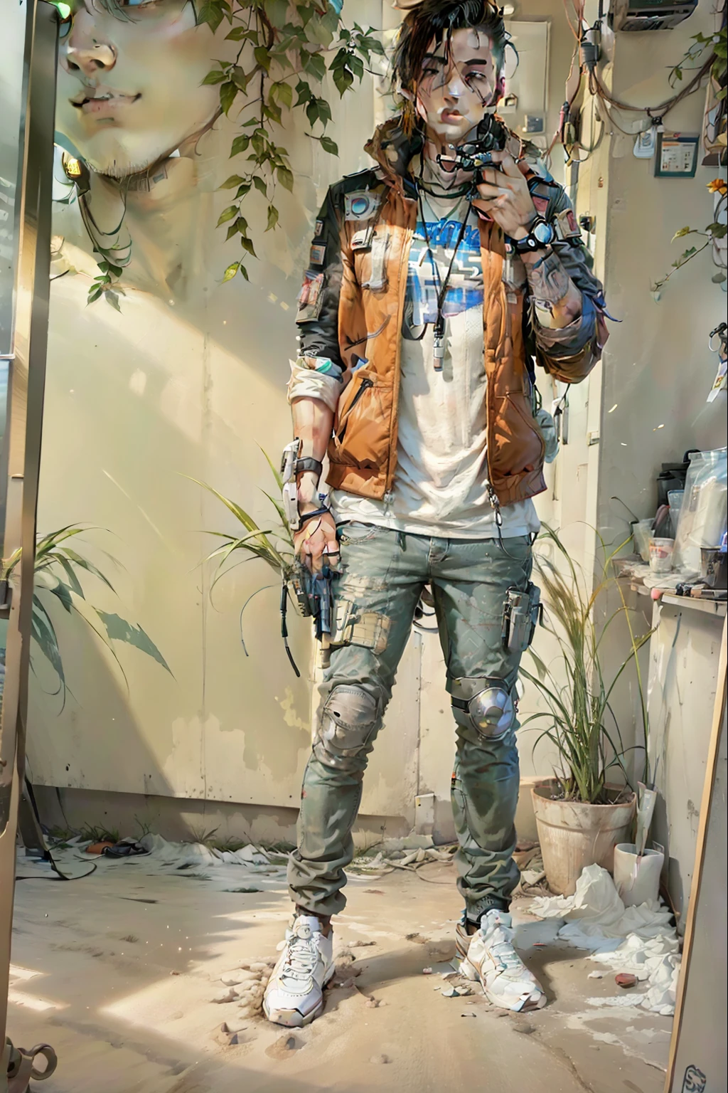Change background cyberpunk handsome boy , realistic face 8k, ultra realistic smile in face gun in one hand