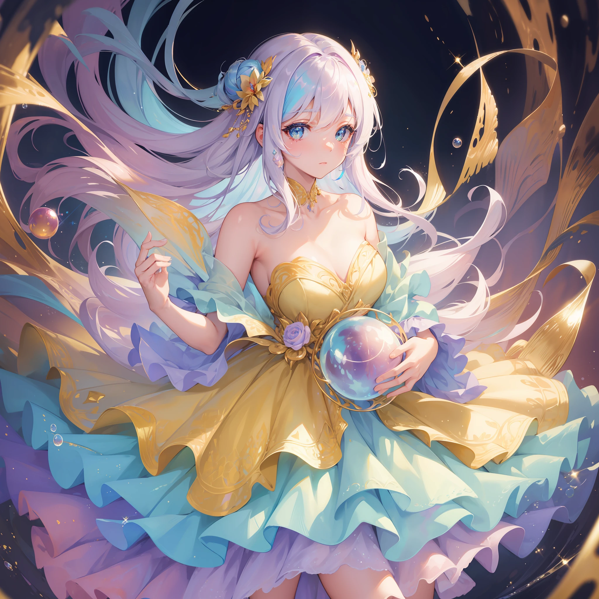 masterpiece, best quality, 8k resolution, sharp focus, intricate detail, beautiful girl, sparkling eyes, golden ratio face, otherworldly liquid, watercolor, ((pastel colors)), bright colors, whimsical, colorful, sharp focus, high resolution, fine detail, ((layered ballgown)), iridescent bubbles