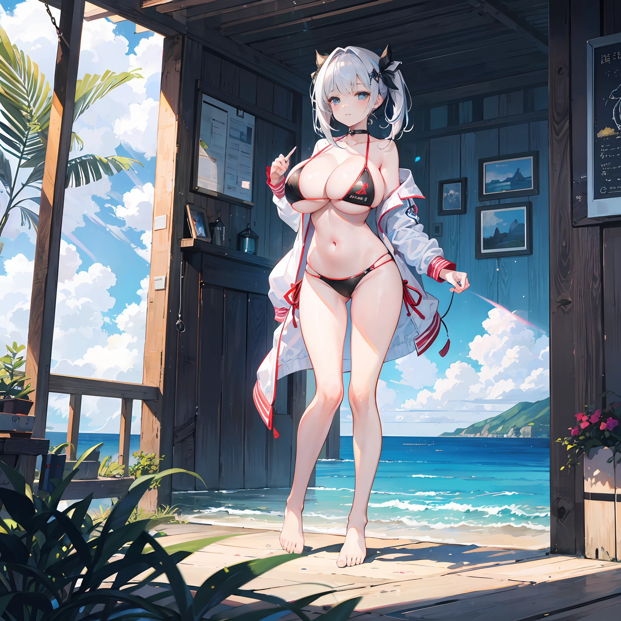 realisticlying, 1girl, (比基尼:1.5),huge tit, sea beach, light particules, llight rays, the wallpaper,standing on your feet,Tethered bikini