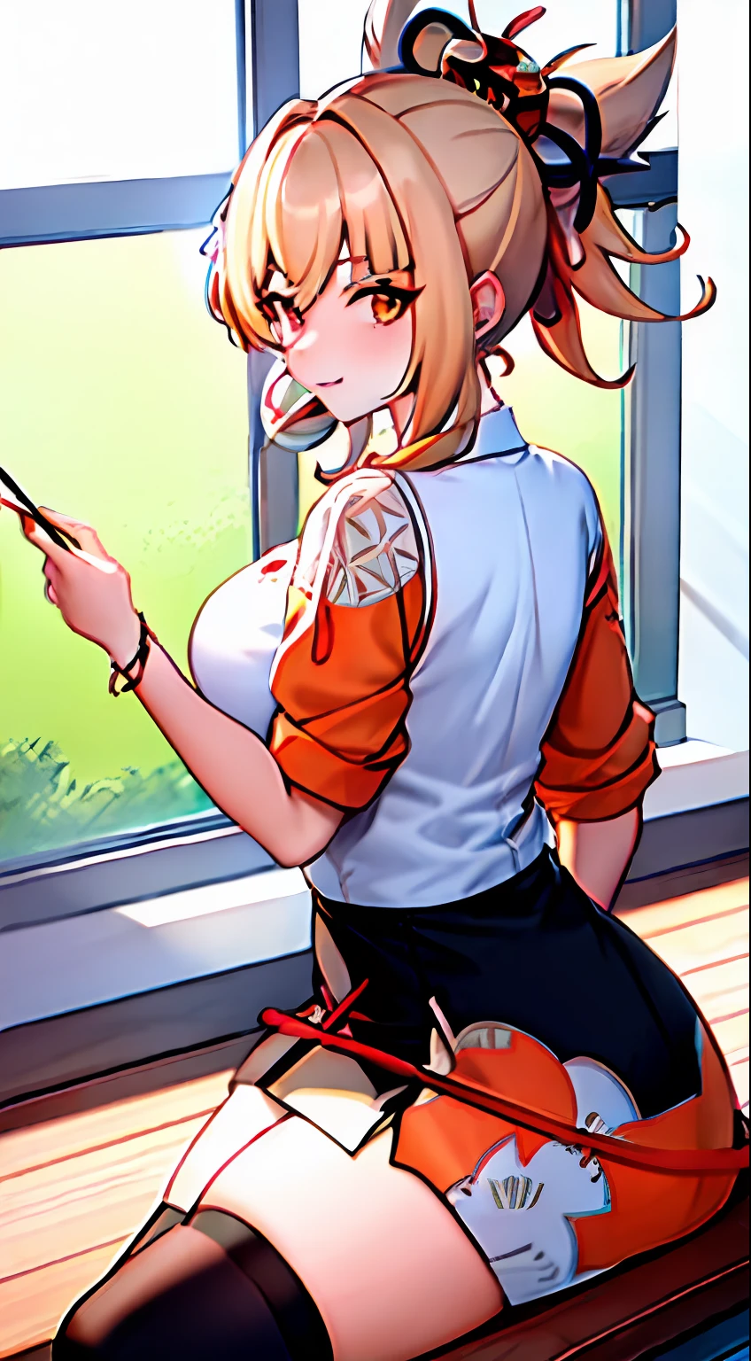 ((tmasterpiece)), (((best qualtiy))), ((ultra - detailed)), (the wallpaper), k hd, hoang lap, A high resolution, highly detailed back ground, inside in room, (Hand of Guido Daniel), CG, (Yomiya\(genshinimpact\)), 1girll, blond hairbl, By bangs, hair adornments, Asymmetrical hair, Sideburns, (Amazingly beautiful eyes), (Amazing detailed eyes), orange eyes, 校服, white shirt, short- sleeved, Tight fitting shirts, (wetclothes:1.3), Red ribbons, Medium skirt, mediuml breasts, Gnawing, beautiful hand,,nail polish,Orange nails,Tattooed with,Long thick socks,ssmile,full bodyesbian,Sit on a classroom bench,looking at viewert,in class room,glass window,Cherry blossom trees outside the window,