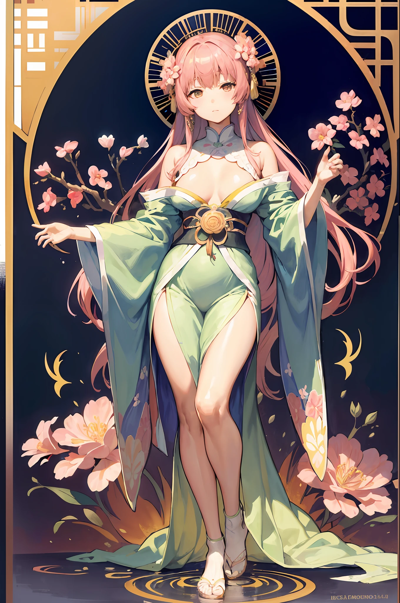 Personification of azalea flowers、wearing kimonos、adult lady、Flame Buddha、Decorative panel、abstract art、By Alphonse Mucha (masterpiece、top-quality、hight resolution: 1.4)、More about realism、intricate-detail、4K、color splashes、line-drawing、Fibonacci、Tarot Cards