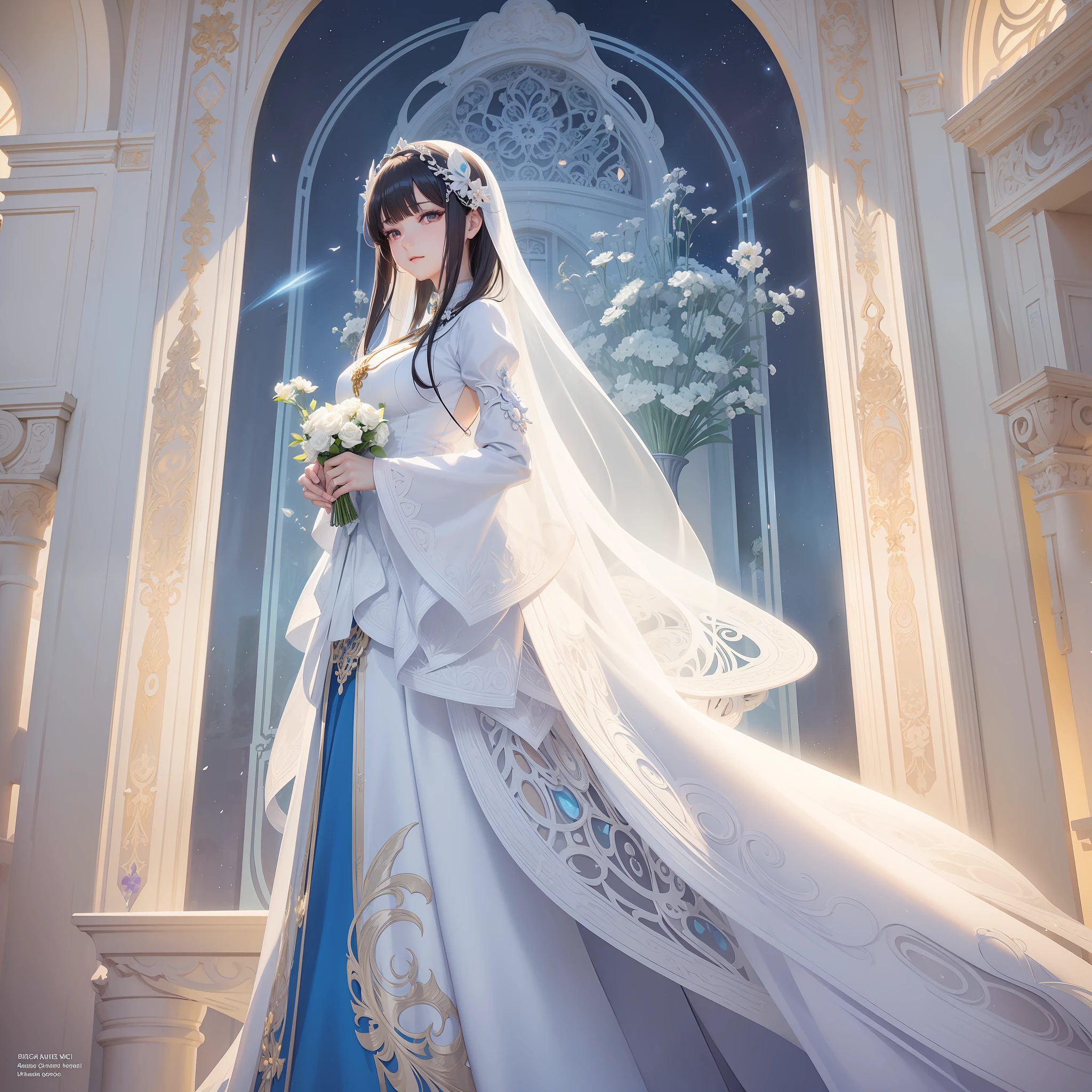 Woman in white dress standing in front of building with lots of flowers, anime fantasy artwork, anime fantasy illustration, a beautiful artwork illustration, beautiful anime artwork, elaborate digital art, intricate ornate anime cgi style, anime art nouveau cosmic display, beautiful anime art, beautiful digital works of art, beautiful fantasy anime, Detailed anime artwork, Detailed Digital Anime Art, dreamy psychedelic anime