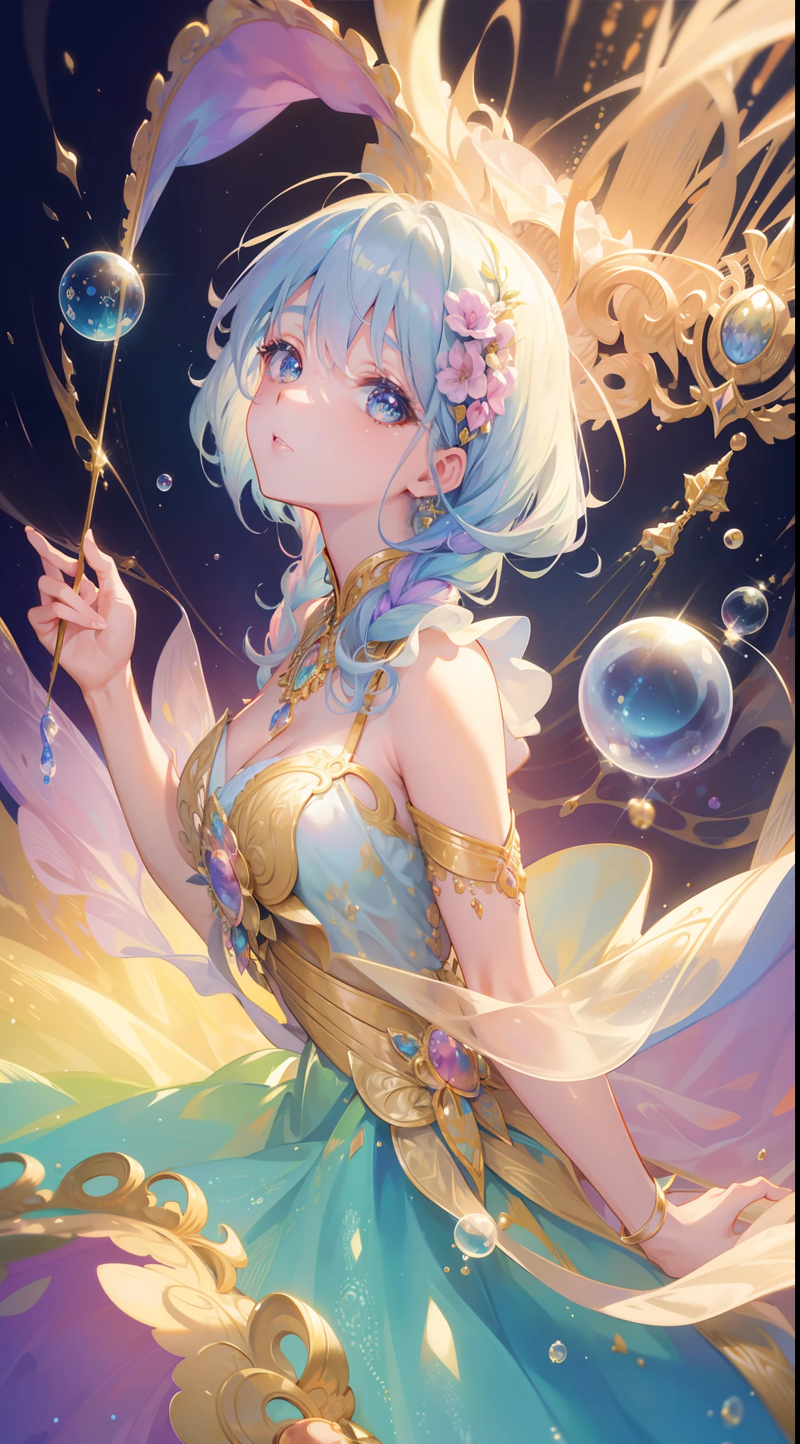 masterpiece, best quality, 8k resolution, sharp focus, intricate detail, beautiful girl, sparkling eyes, golden ratio face, otherworldly liquid, watercolor, ((pastel colors)), bright colors, whimsical, colorful, sharp focus, high resolution, fine detail, ((layered ballgown)), iridescent bubbles