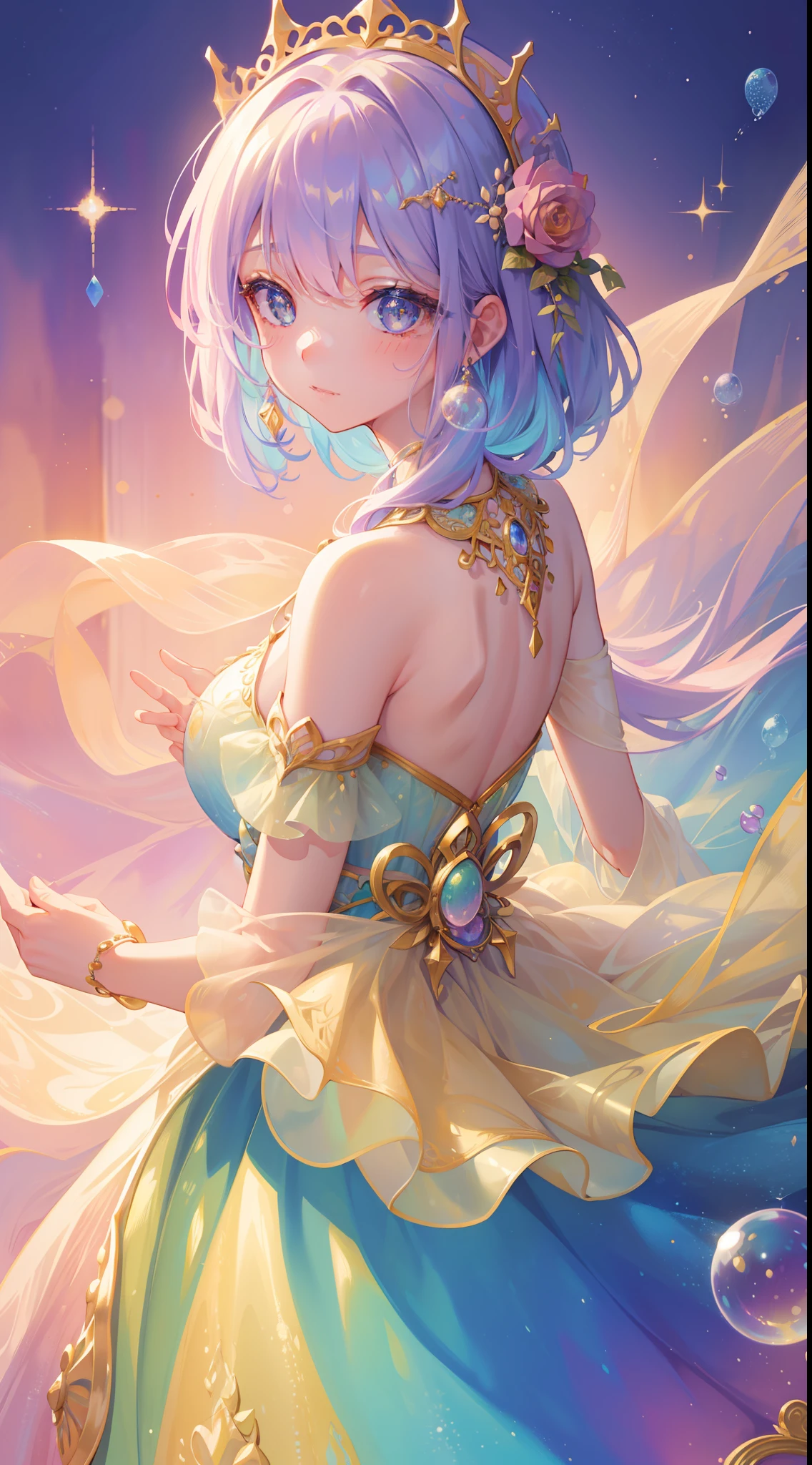 masterpiece, best quality, 8k resolution, sharp focus, intricate detail, beautiful girl, sparkling eyes, golden ratio face, otherworldly liquid, watercolor, ((pastel colors)), bright colors, whimsical, colorful, sharp focus, high resolution, fine detail, ((layered ballgown)), iridescent bubbles