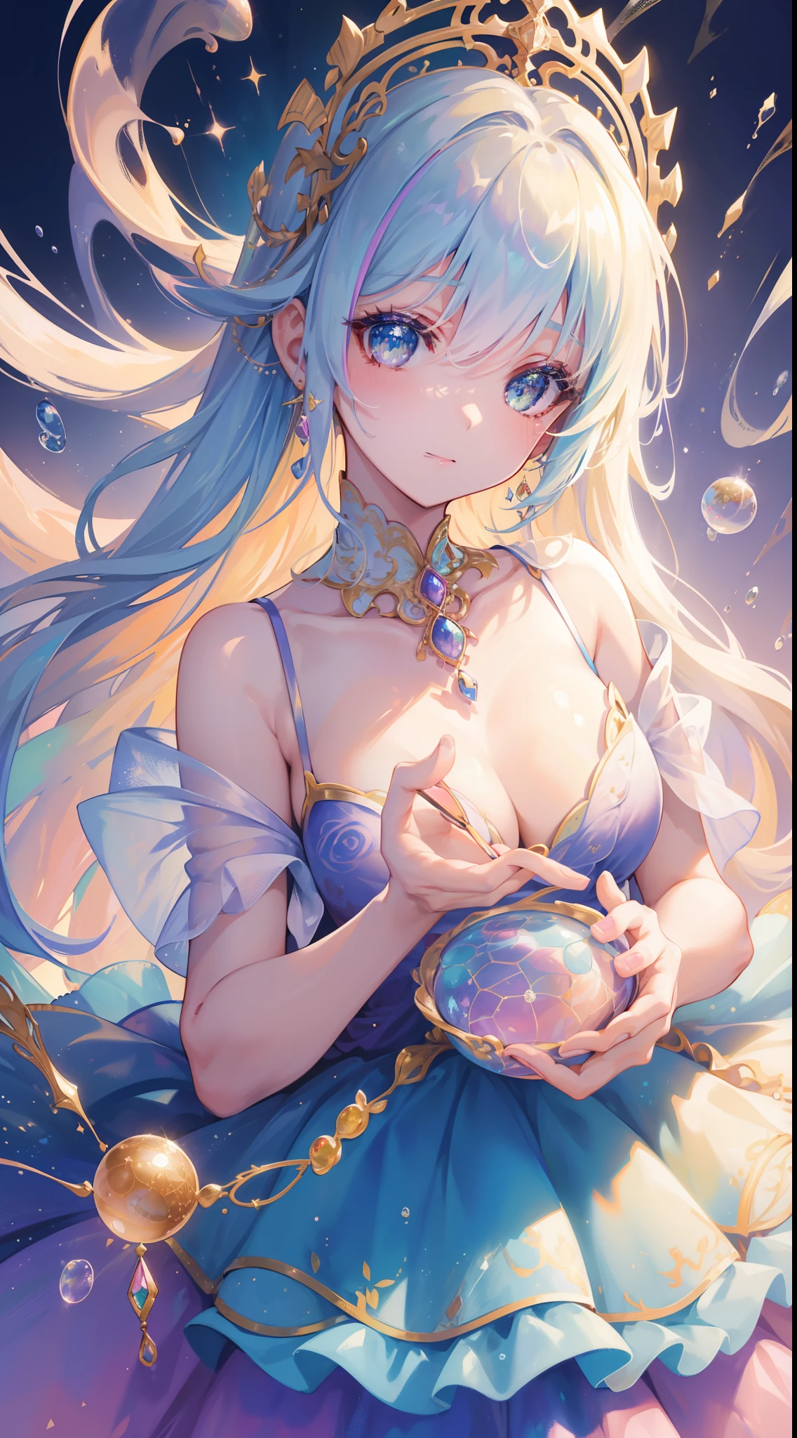 masterpiece, best quality, 8k resolution, sharp focus, intricate detail, beautiful girl, sparkling eyes, golden ratio face, otherworldly liquid, watercolor, ((pastel colors)), bright colors, whimsical, colorful, sharp focus, high resolution, fine detail, ((layered ballgown)), iridescent bubbles