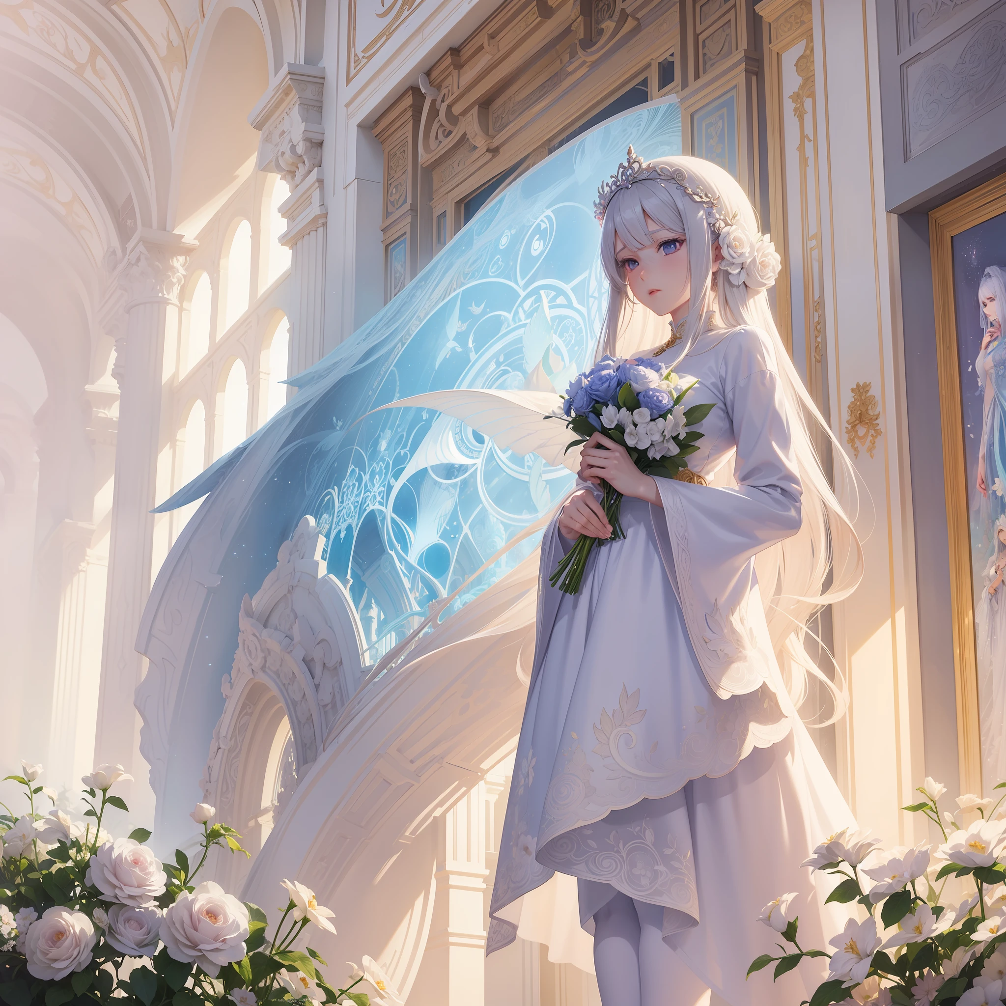 Woman in white dress standing in front of building with lots of flowers, anime fantasy artwork, anime fantasy illustration, a beautiful artwork illustration, beautiful anime artwork, elaborate digital art, intricate ornate anime cgi style, anime art nouveau cosmic display, beautiful anime art, beautiful digital works of art, beautiful fantasy anime, Detailed anime artwork, Detailed Digital Anime Art, dreamy psychedelic anime