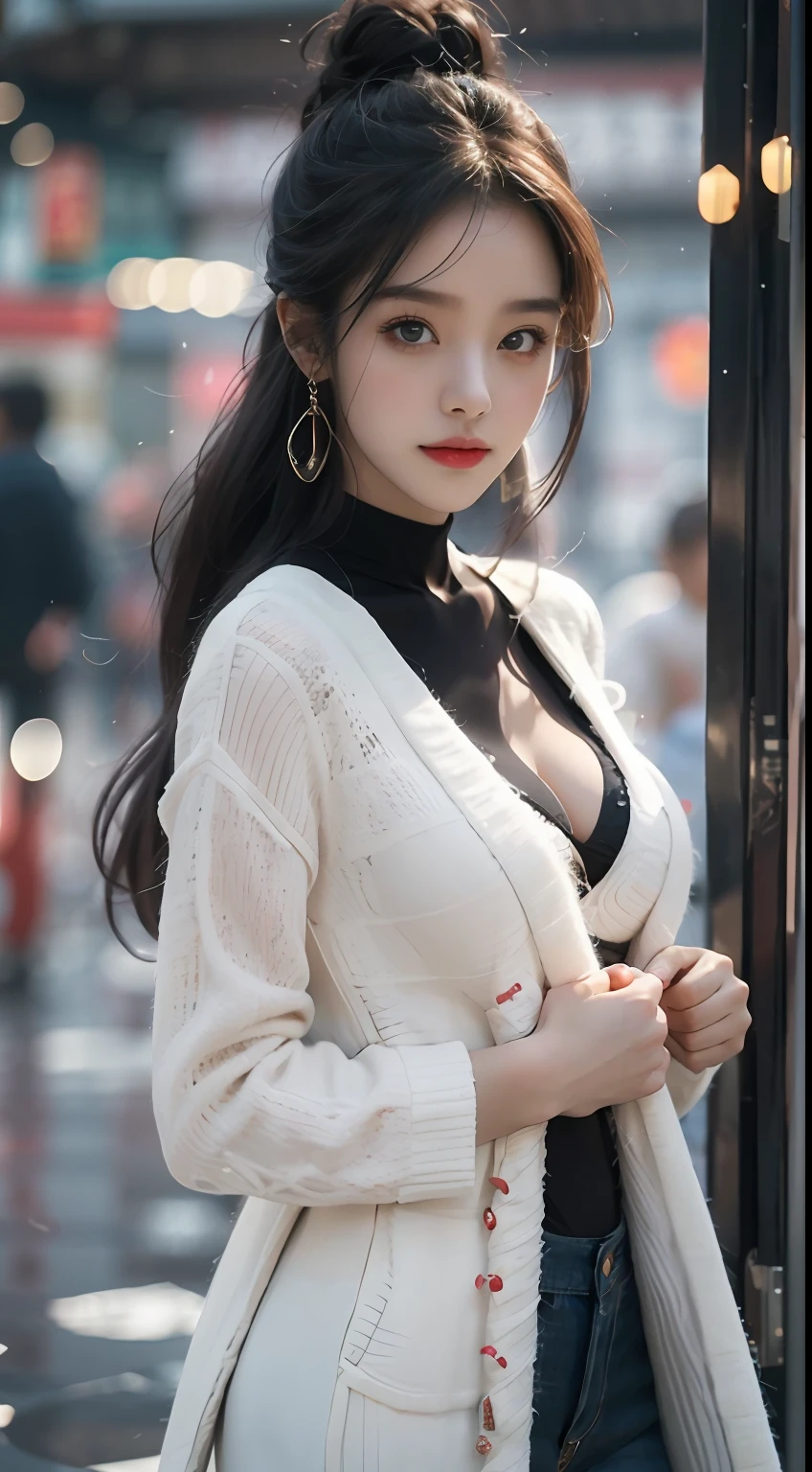 （best qualtiy，tmasterpiece，超高分辨率），（realisticlying：1.4），1girll，From head to knee，adult face，Slim，joy，（shiny skins），（contours，frontage，eventide），whaite hair，long whitr hair，黑The eye，（big cleavage breasts），Top fashion，（（White plush coat）），（nevando：1.5，pedestrian street，The city in winter），(Clear eyes，(Clear nose，(Clear lips)，(Ultra-realistic textile textures)，