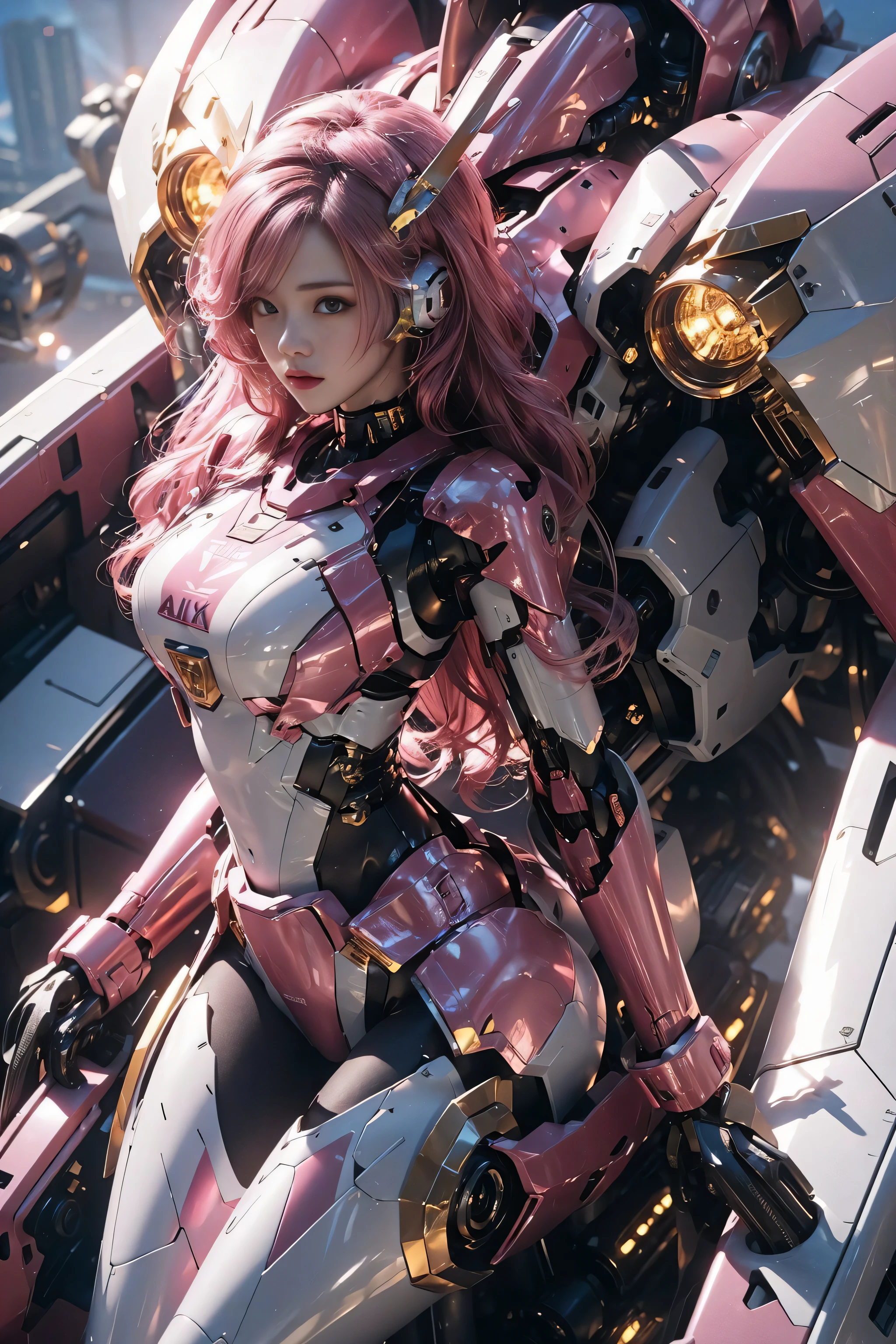 1girl, dramatic lighting, pink mecha,Honey Mecha, full body, (flying in the sky:1.6),