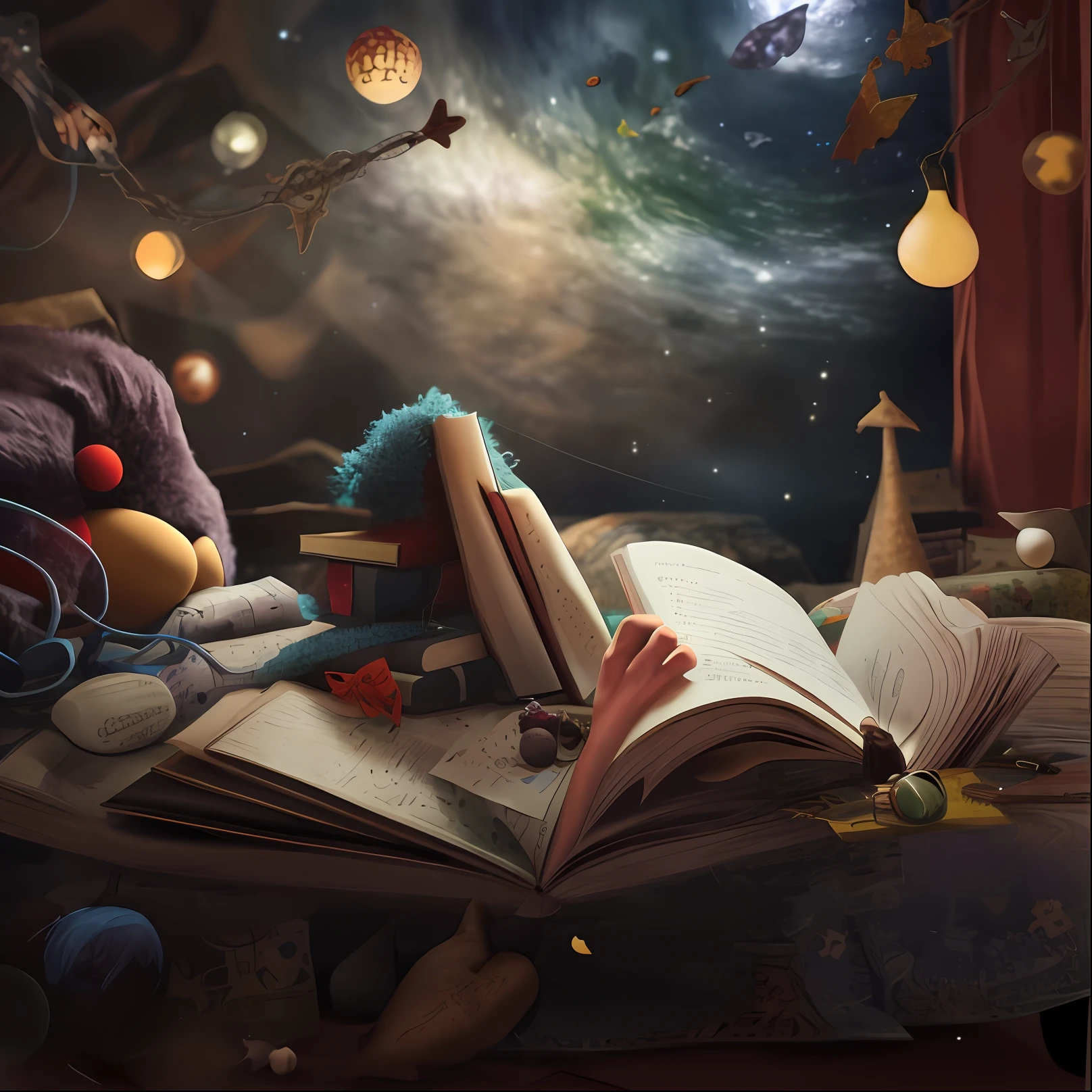 A book and a stuffed animal, storybook realism, Storybook fantasy, Lucid Dreaming, Surreal dreams, dreamy night, ??? lit, reality infused with dreams, Dreamy atmosphere, story book, a master piece of storytelling, stories, in a dream world, sweet dreams, Dreams invade earthly space, Dream within a dream, Surreal fantasy