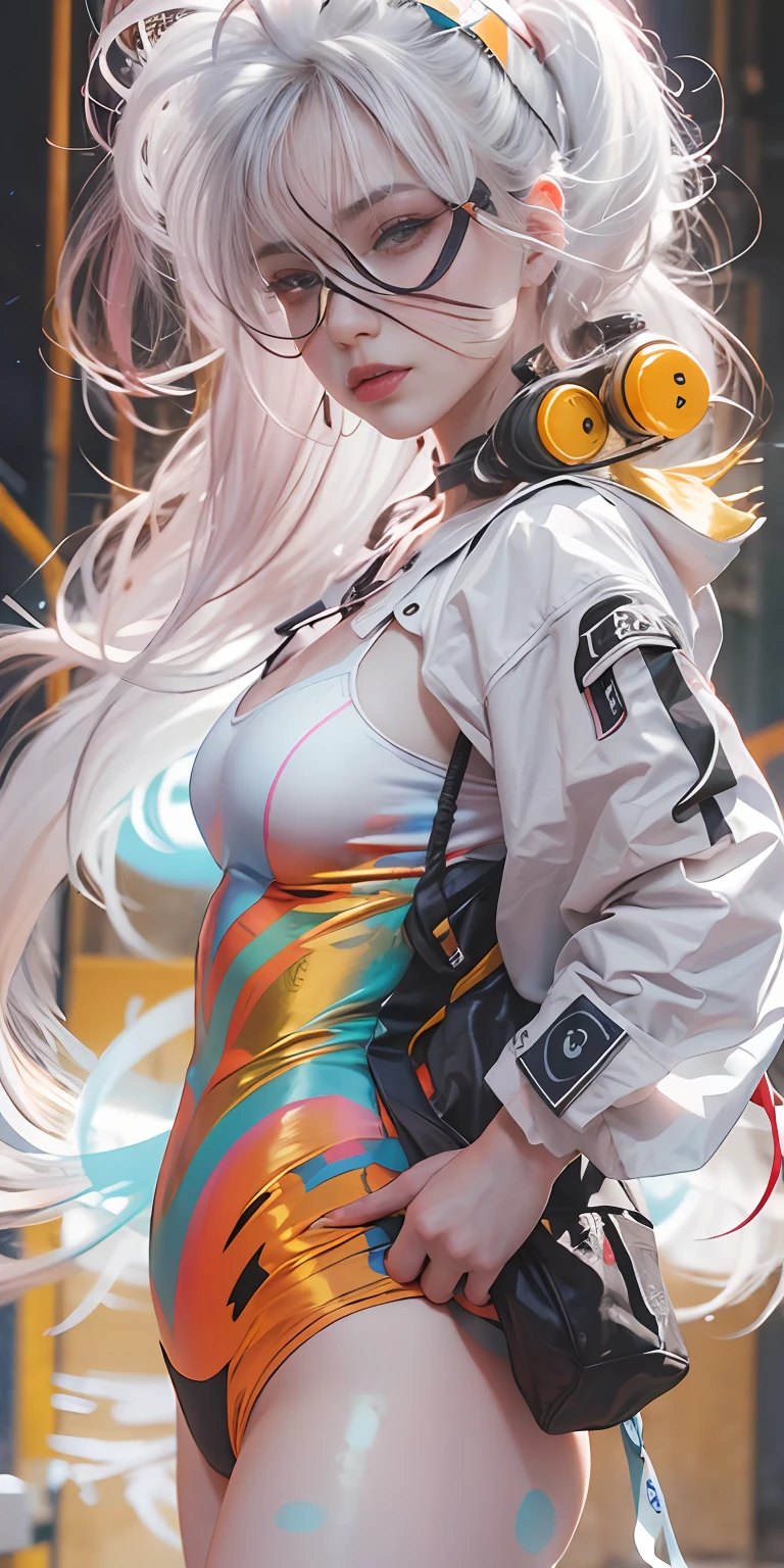 masterpiece, best quality, high quality, superdetailed, high_res, high contrast, photorealistic character, ((( Lucy))) ((cyberpunk edge runners)), white color, rainbow dyed color with white color hair, black top, black panties, white open top shirt, perfect breasts, superdetailed face, paled reddish skin, red oily lips, oily skin, sunkissed beauty, superrealistic, beauty model, Lucy art