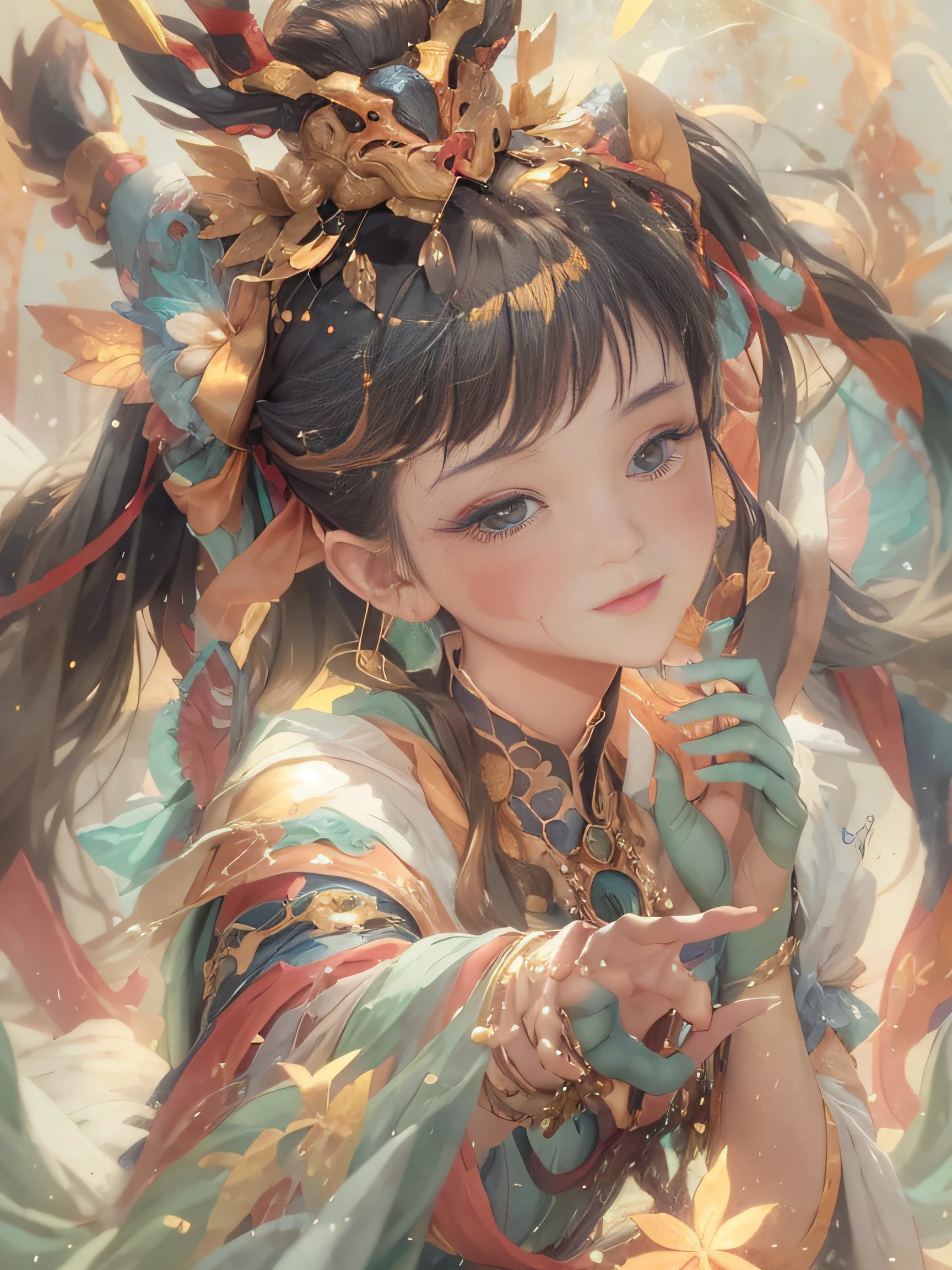 Kizi,Clear face,Beautiful and delicate face,Delicate facial features,Dunhuang costumes,holding a staff,ssmile,Textured skin,mitts;
exteriors,Dragon Totem,Mysterious space;
nigth,A ray of light,Perfect lighting;
People up close,Bust photo,Four different poses;
hyper HD,high detal,high qulity,The is very detailed,32K;
3Drenderingof;