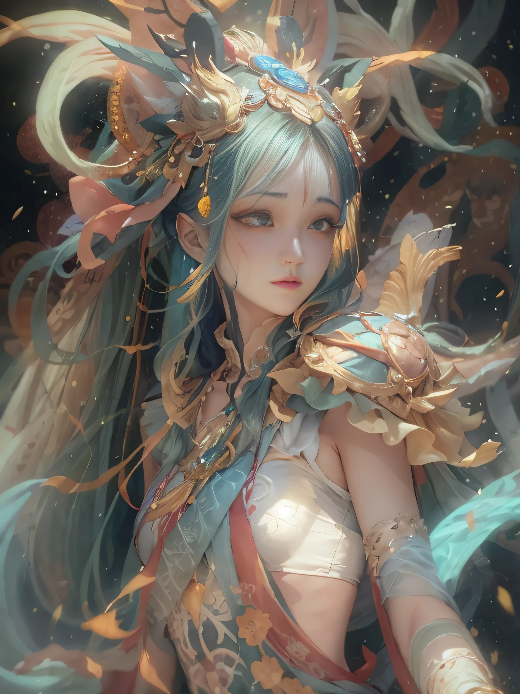 Kizi，Clear face，Beautiful and delicate face，Delicate  features，Dunhuang costumes，holding a staff，ssmile，Textured skin，mitts；
exteriors，Dragon Totem，Mysterious space；
nigth，A ray of light，Perfect lighting；
People up close， photo，Four different poses；
hyper HD，high detal，high qulity，The is very detailed，32K；
3Drenderingof；