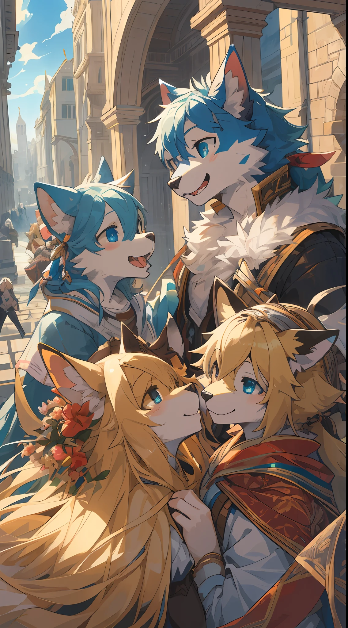 dynamic angle, top quality, best quality, High-quality illustrations, masterpiece, super high resolution, detailed background, detailed background, Romeo and Juliet, group shot:0.1, 6+boys, 6+girls, Happy, joyful, absurdres(highly detailed beautiful face and eyes)perfect anatomy(kemono, furry anthro),
