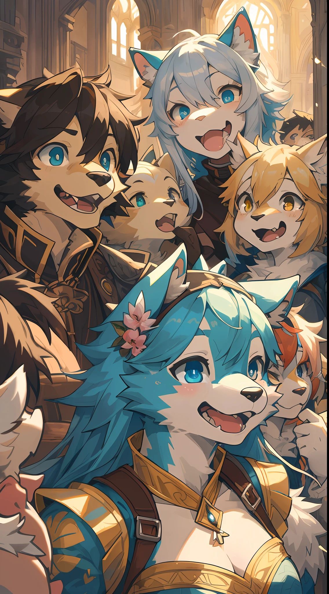 dynamic angle, top quality, best quality, High-quality illustrations, masterpiece, super high resolution, detailed background, detailed background, Romeo and Juliet, group shot:0.1, 6+boys, 6+girls, Happy, joyful, absurdres(highly detailed beautiful face and eyes)perfect anatomy(kemono, furry anthro),