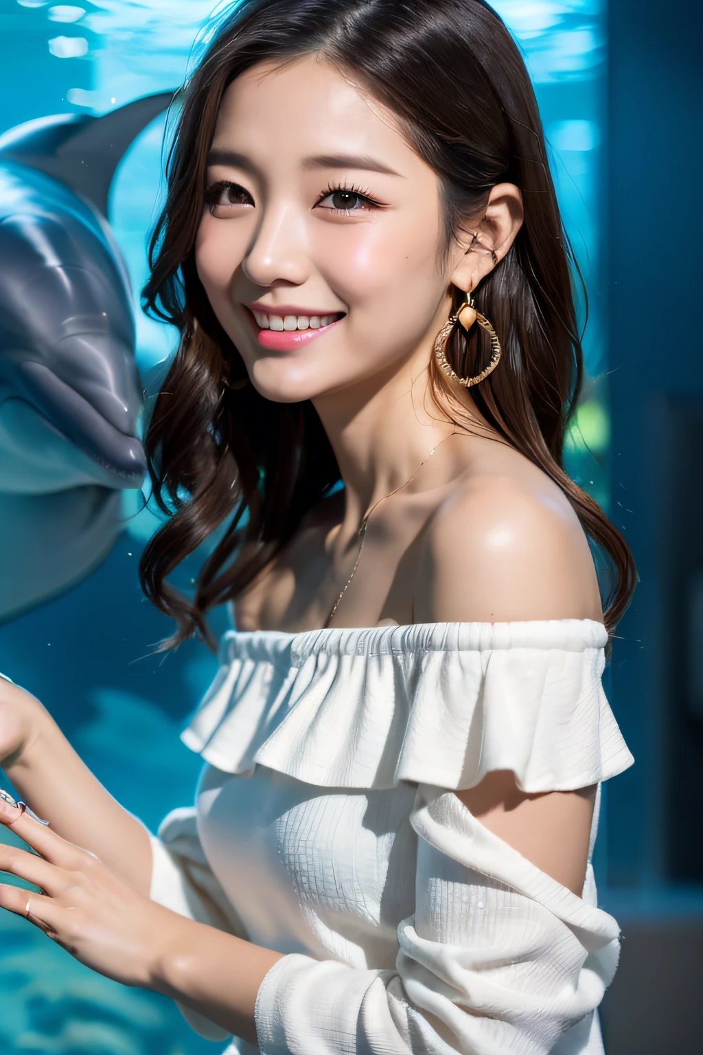 (masterpiece:1.3), high resolution, ultra detailed, extremely detailed CG unity 8k wallpaper, realistic, photo-realistic, RAW photo, beautiful detailed face, pale skin, realistic glistening skin, detailed cloth texture, detailed hair texture, Perfect Style, Beautiful Face, accurate, Anatomically correct, Highly detailed face and skin texture, natural neck length, (thin and beautiful fingers), 
BREAK, 
Detailed eyes, symmetric eyes, Brown eyes, Double eyelids, Thin eyebrows, (Glossy lips:1.4), (shamed smile:1.2), (closed mouth:1.2), (blush:1.1), 
BREAK, 
((Innocent and Cute girl:1.3)), ((wearing a off-shoulder White blouse:1.4)), (beautiful clavicle), (Gold belt), (denim skinny pants:1.2), (cross strap high heels:1.2), 
(necklace, bracelet:1.1), ((clutch bag over shoulder, shiny earrings, pinky ring:1.2)), (beautiful blue nails:1.1)
BREAK, 
Layered Hairstyle, (brown hair:1.2), (wavy hair:1.2), medium long hair, 
(large breasts, firm breast, nicely shaped breasts:1.1), 
BREAK, 
((touching the mouth of a dolphin at the aquarium:1.2)), (looking sideway:1.2), 
BREAK, 
((Cowboy shot:1.2)), (Focus on her profile:1.2), (from side:1.1),
