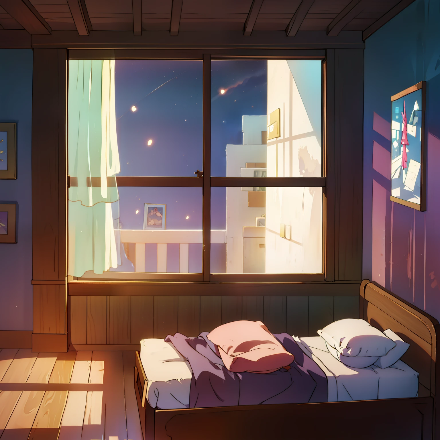 Inside the bedroom，the night，warmly lit，A small bed，There are a lot of books，a desk，Distant view from the window，Warm healing soft atmosphere，cartoonish style