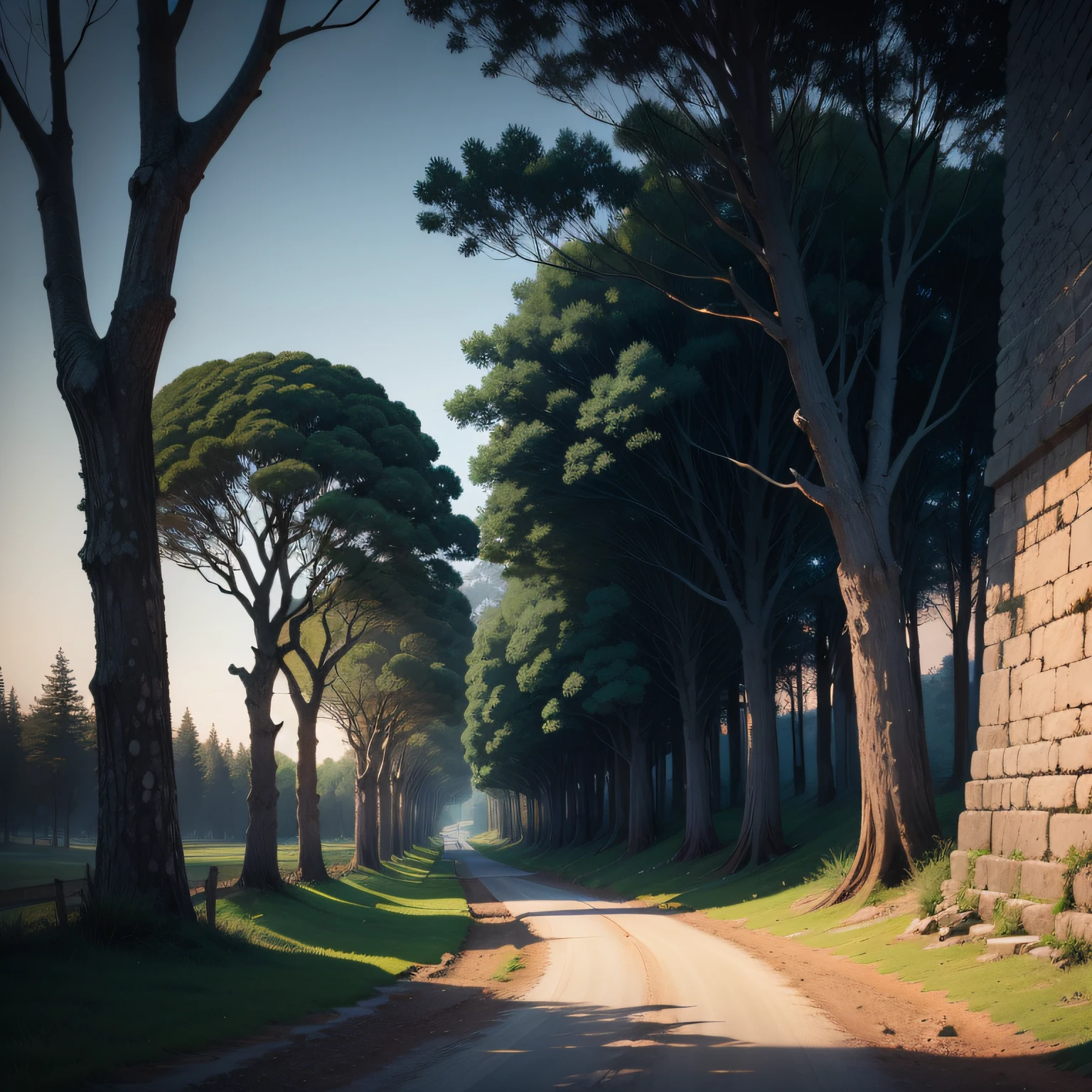 Ancient dusk an old road to see the sky under the tree