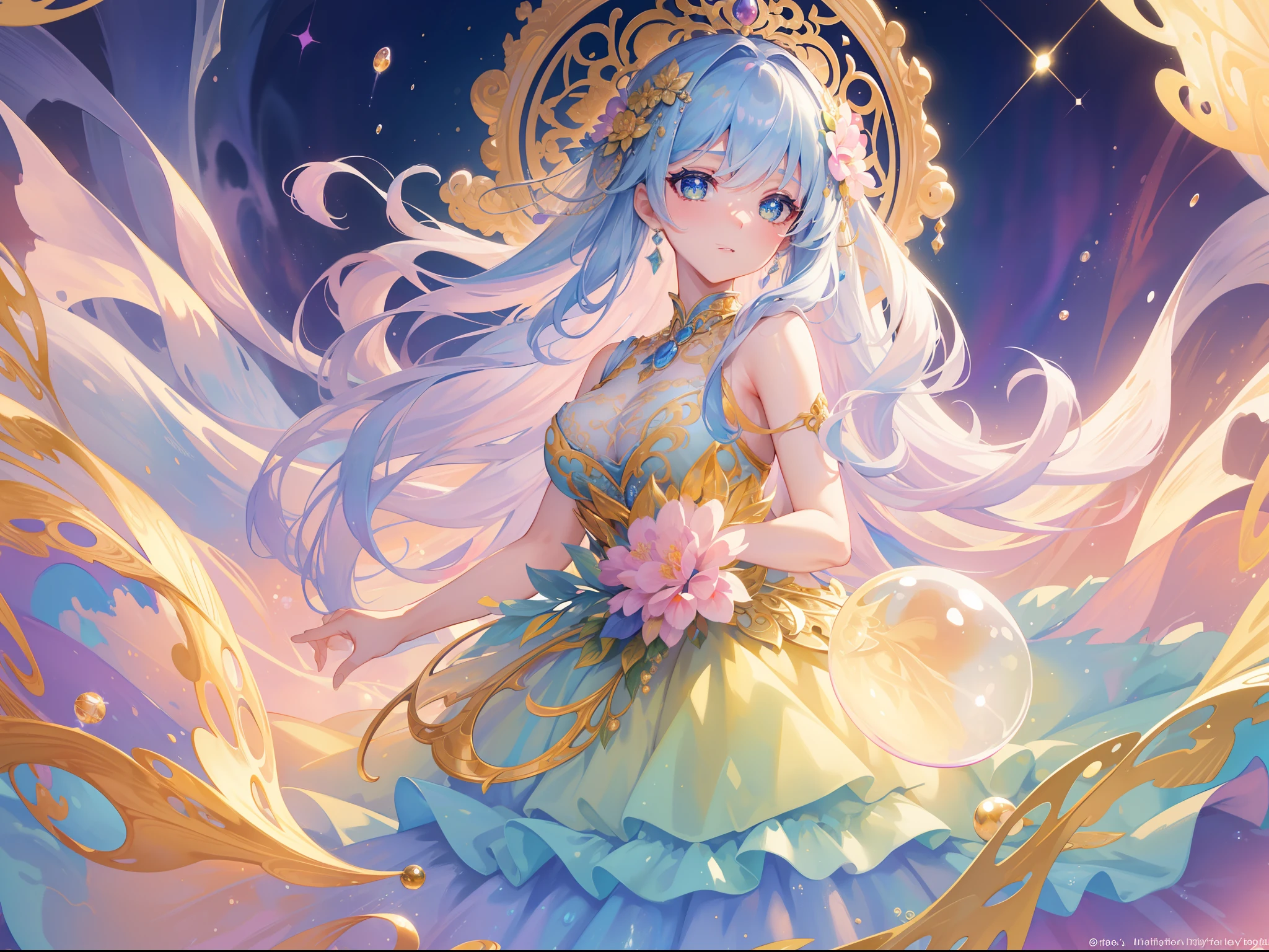 masterpiece, best quality, 8k resolution, sharp focus, intricate detail, beautiful girl, sparkling eyes, golden ratio face, otherworldly liquid, watercolor, ((pastel colors)), bright colors, whimsical, colorful, sharp focus, high resolution, fine detail, ((layered ballgown)), iridescent bubbles
