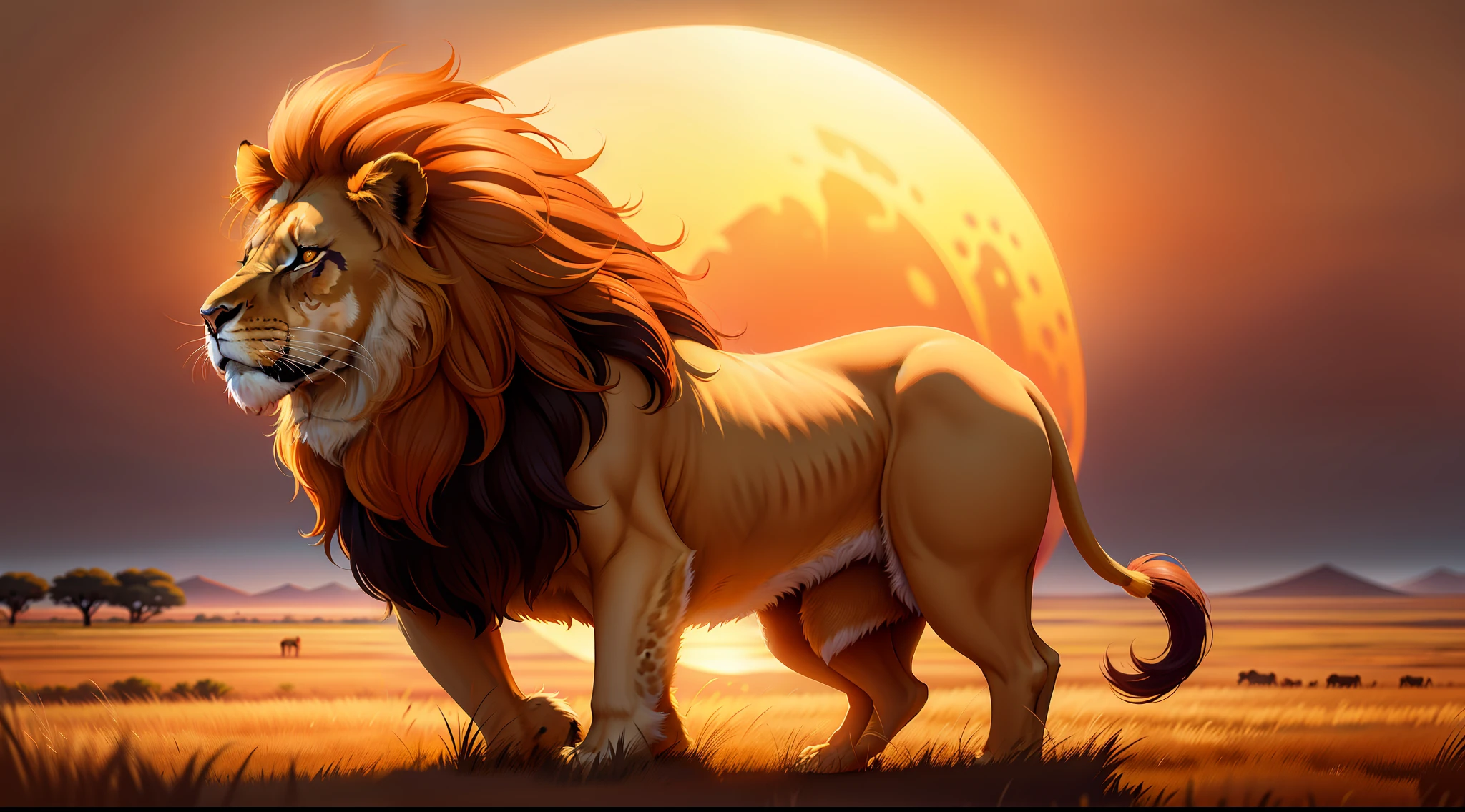 A majestic and regal lion, its golden mane flowing in the wind as it prowls through the tall grass of the savannah. In the distance, the setting sun paints the sky in shades of fiery orange and deep purple, casting a warm and welcoming glow across the African landscape.