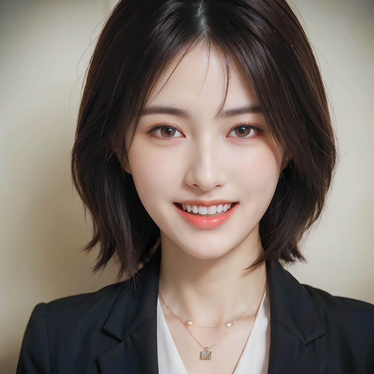 Dressed, (photographrealistic:1.4), (Hyper realistic:1.4), (Realistic:1.3), (Smoother lighting:1.05), (increase cinematic lighting quality:0.9), 32K, 1girl in,25-years old, Realistic lighting, Backlighting, Light on Face, raytrace, (Brightening light:1.2), (Increase quality:1.4), (Top quality real texture skins:1.4), finely detailed eyes, finerly detailed face, (tired and sleepy and joy:0), (Laugh:1.4), Black Suit,a necklace, (Increase body line mood:1.1), (Increase the beauty of skin texture:1.1)