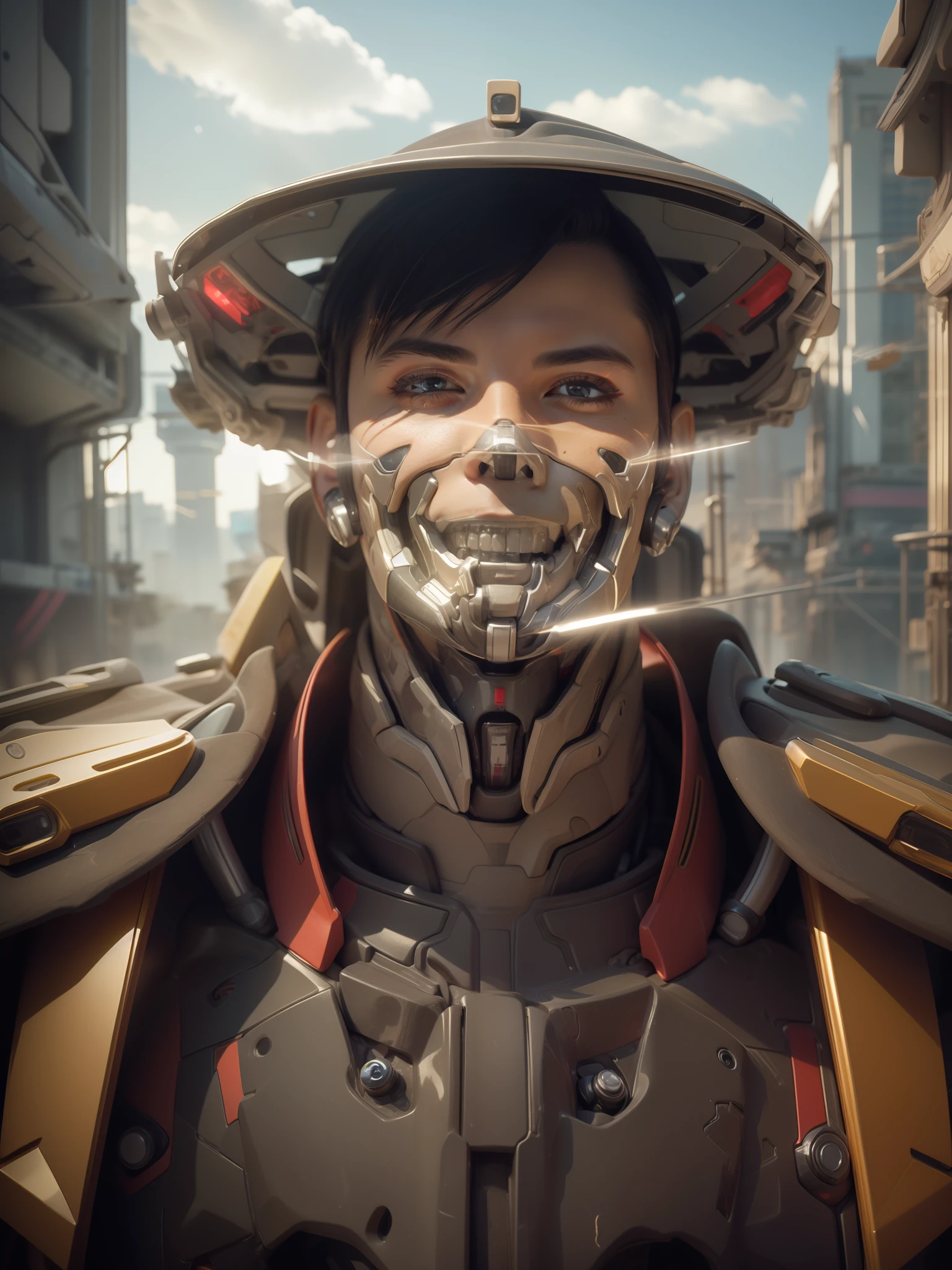 ((Best Quality, 4K, Masterpiece: 1.3)), (Detailed: 1.4), Reality, 1boy, a man in a futuristic suit with a mask on, symmetry!! portrait of cyborg, portrait of a mech, detailed portrait of a cyborg, with robotic parts on his face, portrait of machine man, portrait of a cyborg, portrait of a cyberpunk samurai, 8k portrait render, armor focus on face, close-up portrait of cyborg, a man with black hair and red Shoulder cyborg, a man with body robotic red and red Shoulder armor, Cybernetic_Jawless, mask, mechanical parts, cybernetic, 4K, HD, Ultra Realistic, extremely detailed, armorsuit, short hair