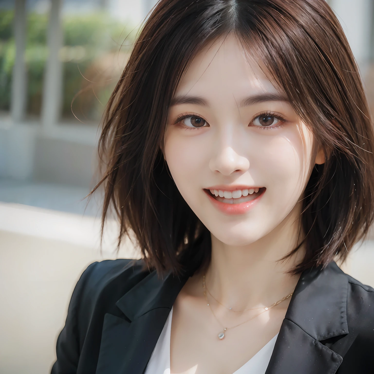 Dressed, (photographrealistic:1.4), (Hyper realistic:1.4), (Realistic:1.3), (Smoother lighting:1.05), (increase cinematic lighting quality:0.9), 32K, 1girl in,25-years old, Realistic lighting, Backlighting, Light on Face, raytrace, (Brightening light:1.2), (Increase quality:1.4), (Top quality real texture skins:1.4), finely detailed eyes, finerly detailed face, (tired and sleepy and joy:0), (Laugh:1.4), Black Suit,a necklace, (Increase body line mood:1.1), (Increase the beauty of skin texture:1.1)
