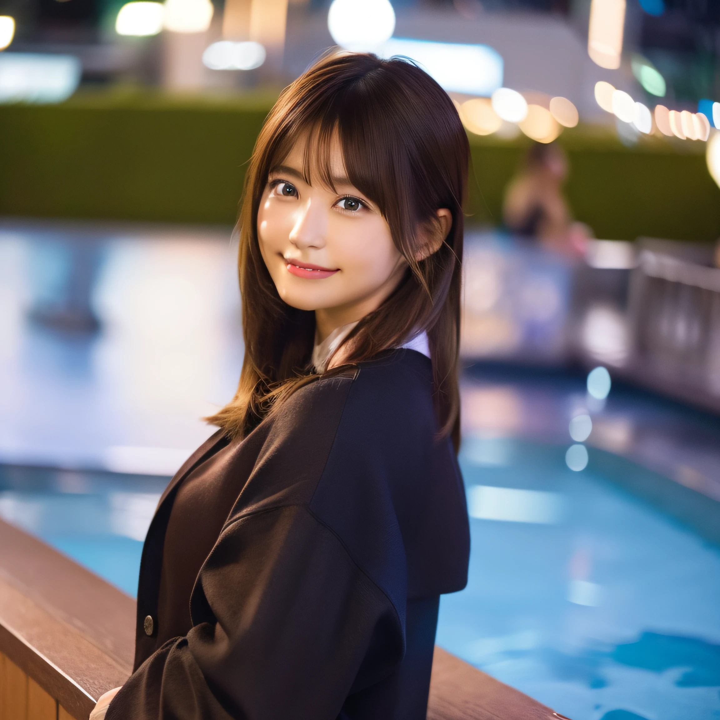 8K,Best Quality, 超A high resolution, (Photorealistic:1.4), Raw photo, (upper thigh, From Side:1.1), (Bokeh:1.4), (in a suite:1.４),Waterside Cafe, 1日本人の女の子, Cute, (Solo:1.6), (Shy smile), (Dark brown eyes), Smooth skin, (Brown medium hair,Bangs), (touch hair:1.4),nogizaka,a park,Fashionable clothes、Standing