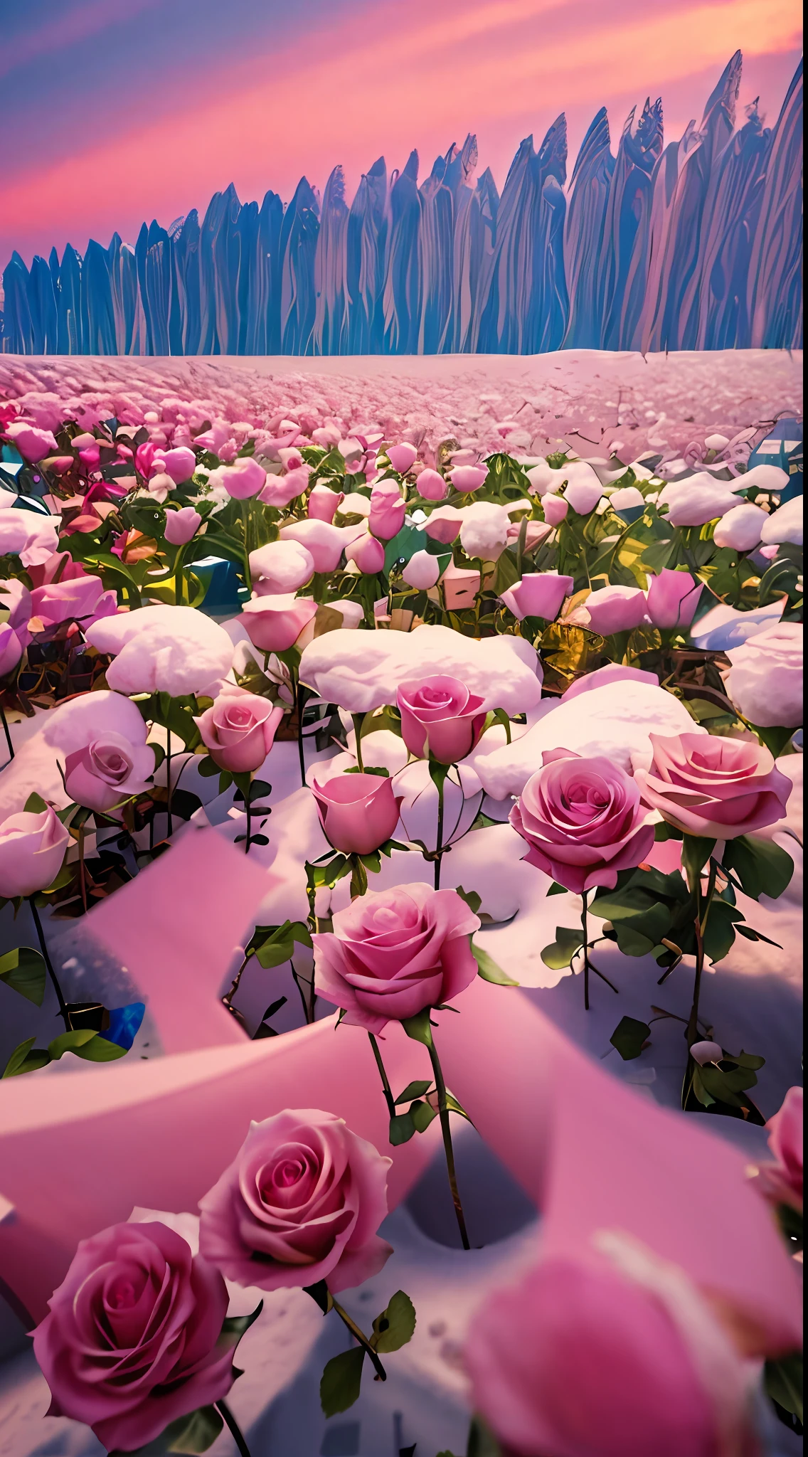 There are many pink roses in the snow-covered fields, with frozen flowers around her, Really beautiful nature, roses in cinematic light, author:Igor Grappa, surreal waiizi flowers, Beautiful nature, snow field, an aesthetic field of flowers, rosette, field of pink flowers, author:Kikukawa Sakaeyama, Rose garden, author:Kiichiro Ishikawa,8K high quality detailed art