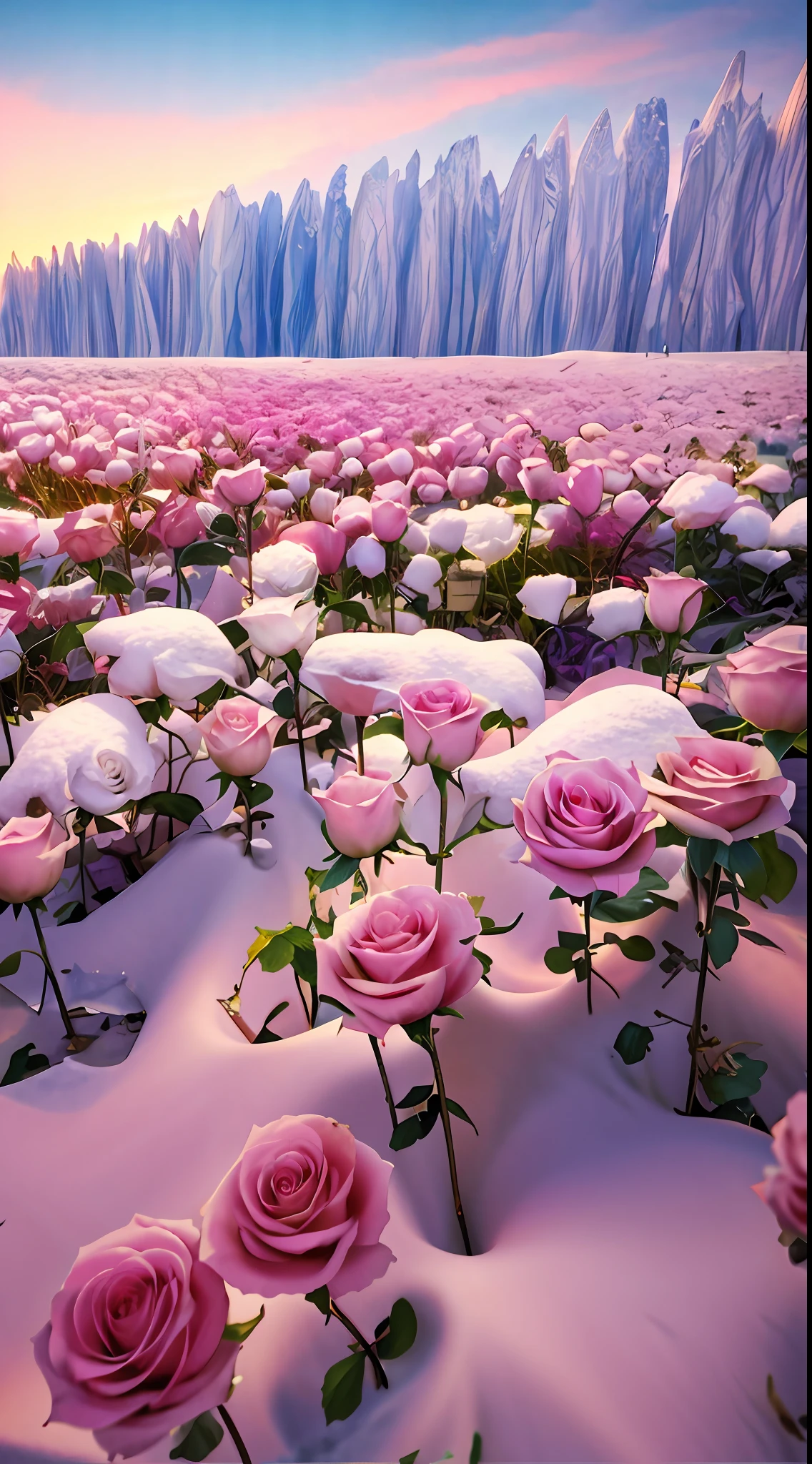 There are many pink roses in the snow-covered fields, with frozen flowers around her, Really beautiful nature, roses in cinematic light, author：Igor Grappa, surreal waiizi flowers, Beautiful nature, snow field, an aesthetic field of flowers, rosette, field of pink flowers, author：Kikukawa Sakaeyama, Rose garden, author：Kiichiro Ishikawa，8K high quality detailed art