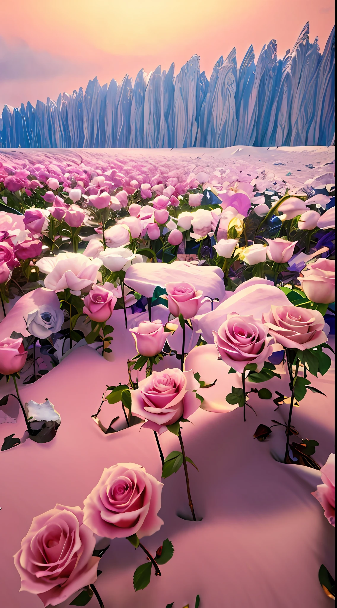 There are many pink roses in the snow-covered fields, with frozen flowers around her, Really beautiful nature, roses in cinematic light, author:Igor Grappa, surreal waiizi flowers, Beautiful nature, snow field, an aesthetic field of flowers, rosette, field of pink flowers, author:Kikukawa Sakaeyama, Rose garden, author:Kiichiro Ishikawa,8K high quality detailed art
