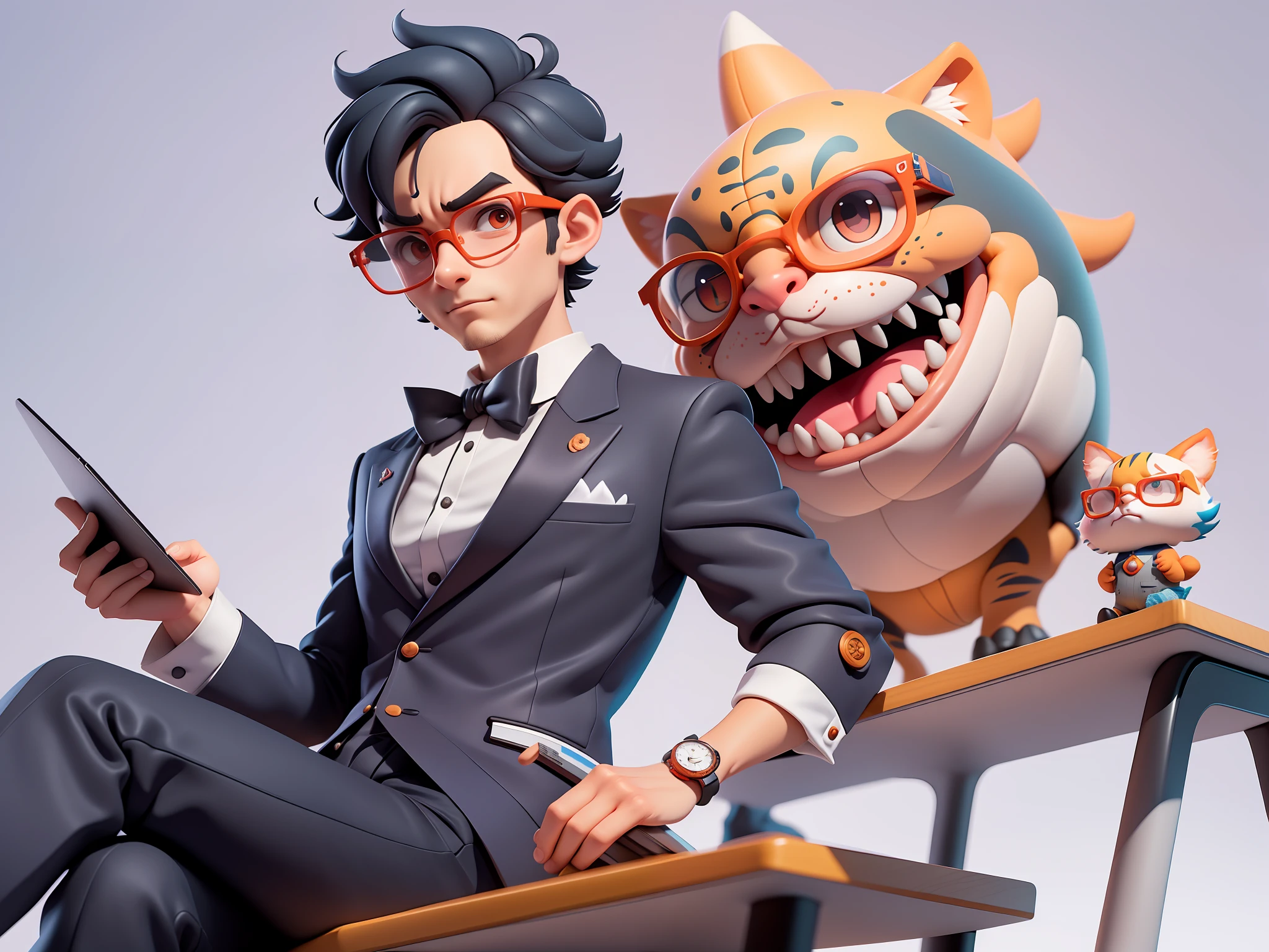 A young man in formal clothes,Short hair and glasses,Sitting at your desk,holding laptop,digitial painting,cartoonish style,4K HD illustration,Very detailed facial features,tigre,Mark Clairdon,by Pixar,3D character design:Hayao Miyazaki and Akira Toriyama, Cartoon-style visuals。