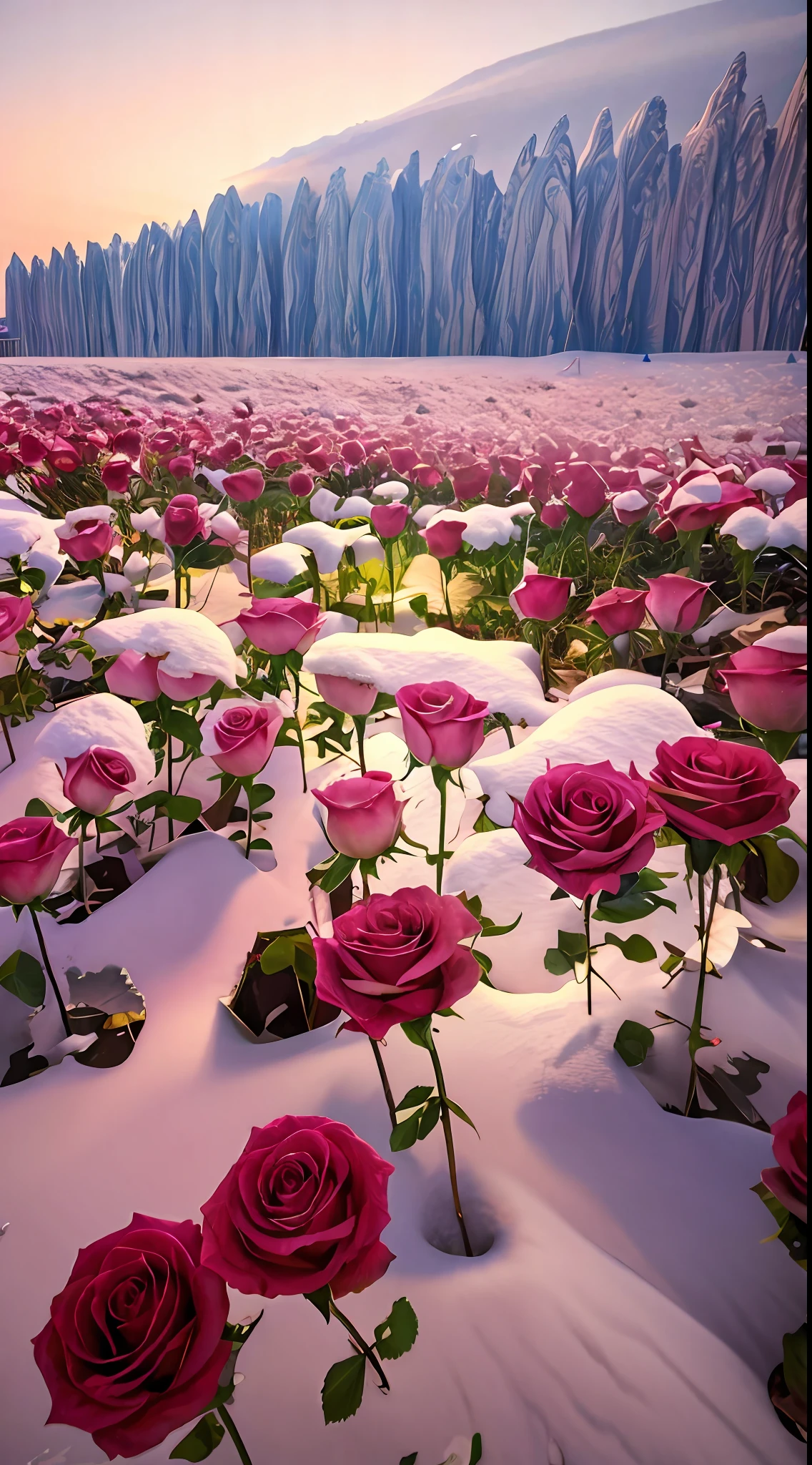 There are many pink roses in the snow-covered fields, with frozen flowers around her, Really beautiful nature, roses in cinematic light, author:Igor Grappa, surreal waiizi flowers, Beautiful nature, snow field, an aesthetic field of flowers, rosette, field of pink flowers, author:Kikukawa Sakaeyama, Rose garden, author:Kiichiro Ishikawa,8K high quality detailed art